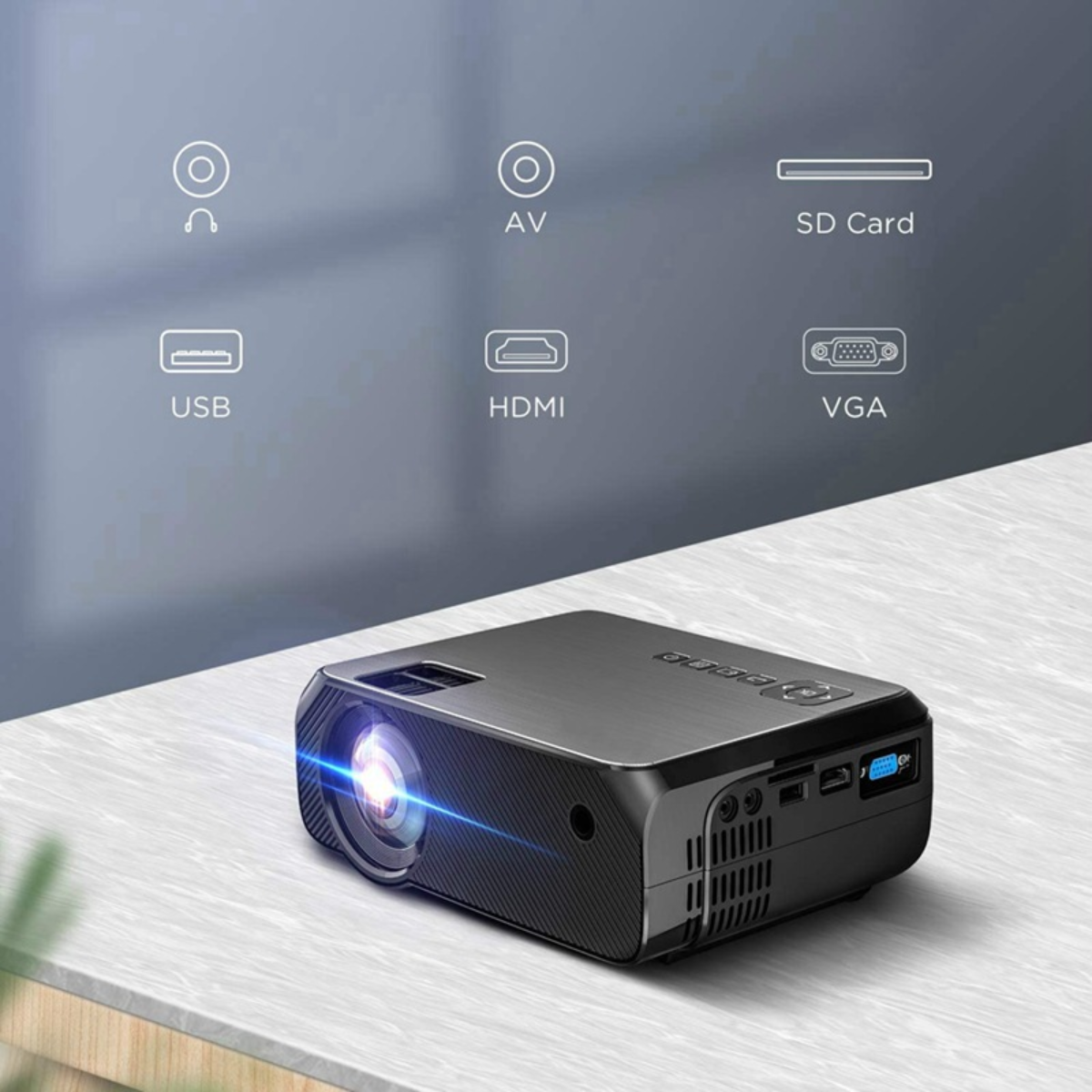 Videoproiector portabil HASEPE, WiFi Mirroring Android/iOS/Windows/MacBook, Rezolutie HD 720P, 3900 LUX, HDMI, USB, SD, VGA, AV, difuzor integrat, ideal pentru acasa si exterior