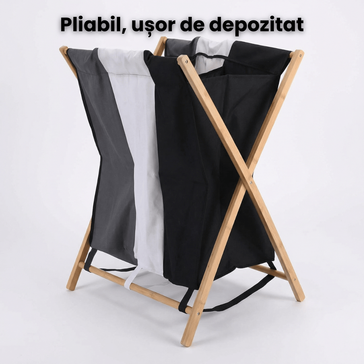 Cos Rufe HASEPE Triplu, Cu Cadru Din Bambus, Cos Rufe Cu 3 Compartimente Pentru Sortare Haine, Cos Rufe Pliabil Cu Material Rezistent, Tricolor, Organizare Eficienta Spatiu, Dimensiuni 72.5 x 40 x 74 - HASEPE