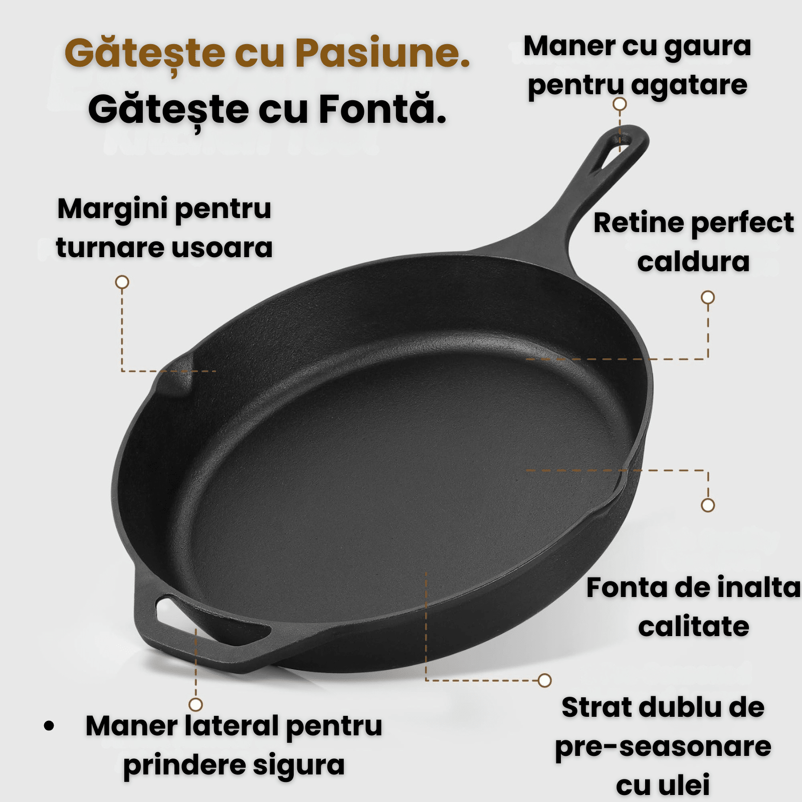 Tigaie rotunda din fonta HASEPE, compatibila cu inductie, cu manere duble si margini de scurgere, incalzire uniforma, durabila si usor de curatat, 26 x 5 cm - HASEPE