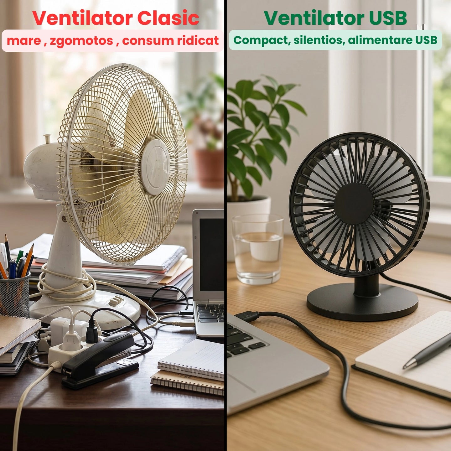 Ventilator USB HASEPE® De Masa, Ventilator Birou Negru Ø16.6 cm, Ventilator USB Cu 3 Trepte De Viteza