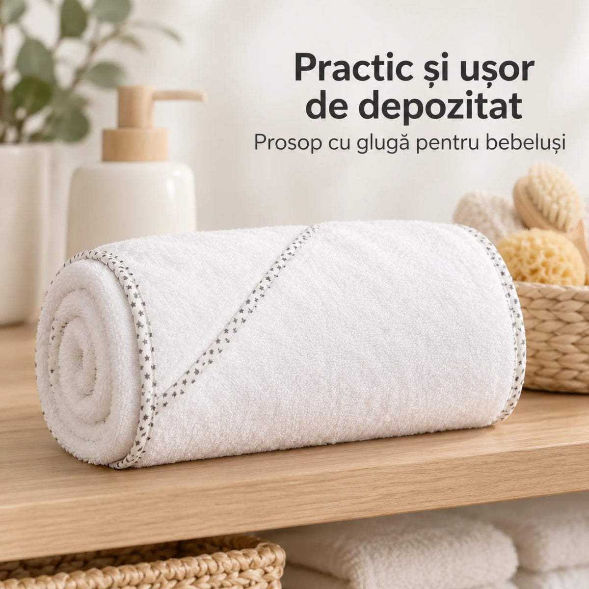 Prosop cu Gluga HASEPE®, din Bumbac, Alb cu Stele Gri, 75x75 cm