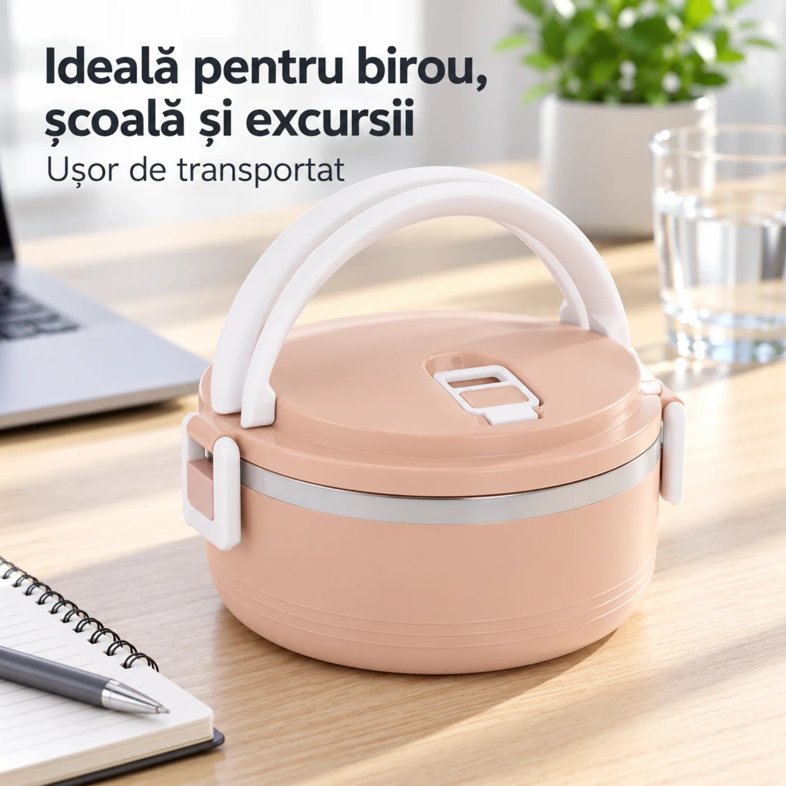 Caserola Termica HASEPE® Rotunda, 500 ml, Roz, Interior din Otel Inoxidabil