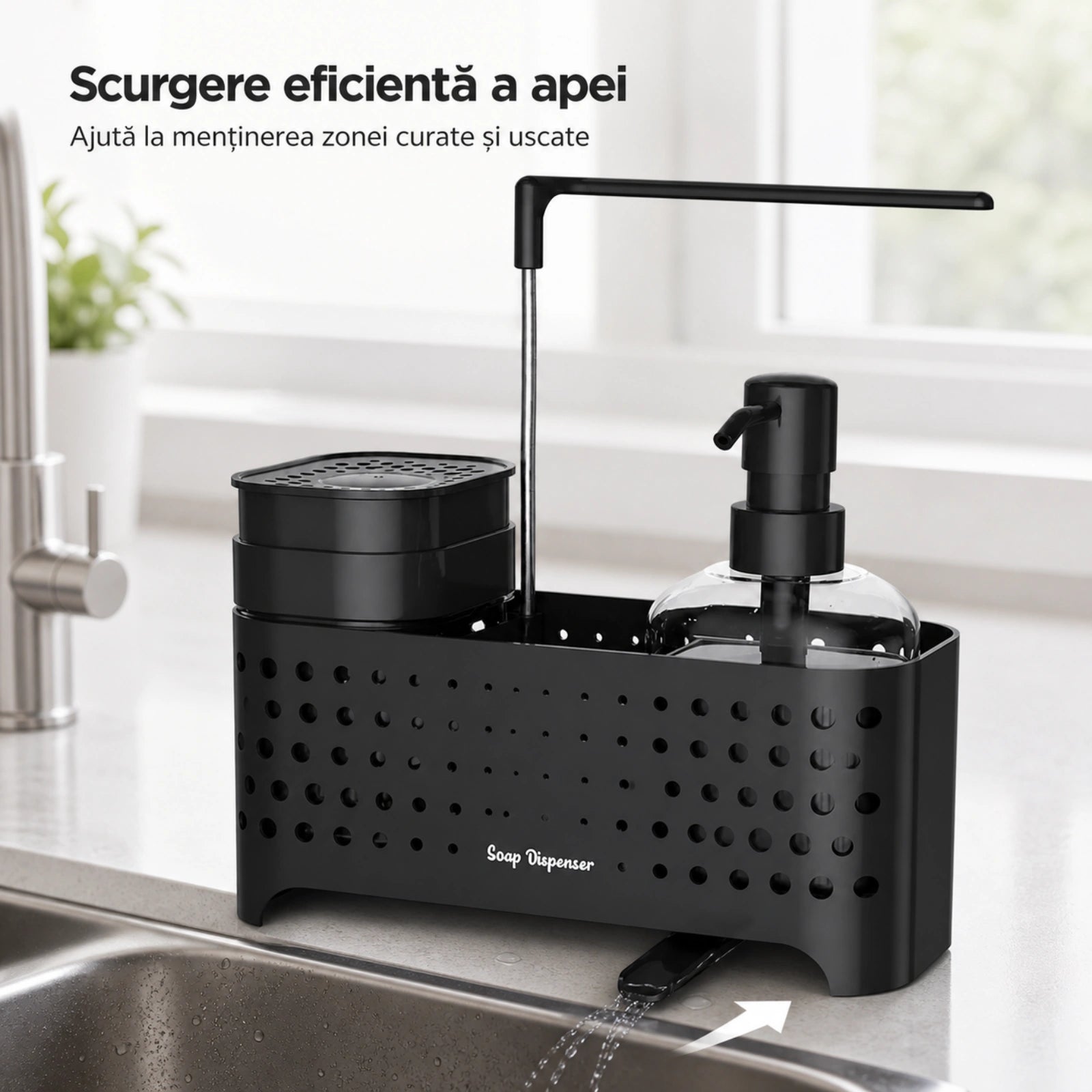 Dozator Sapun HASEPE® pentru Organizare Chiuveta, Dispenser Sapun pentru Detergent si Bureti, 23x10x24,5 cm