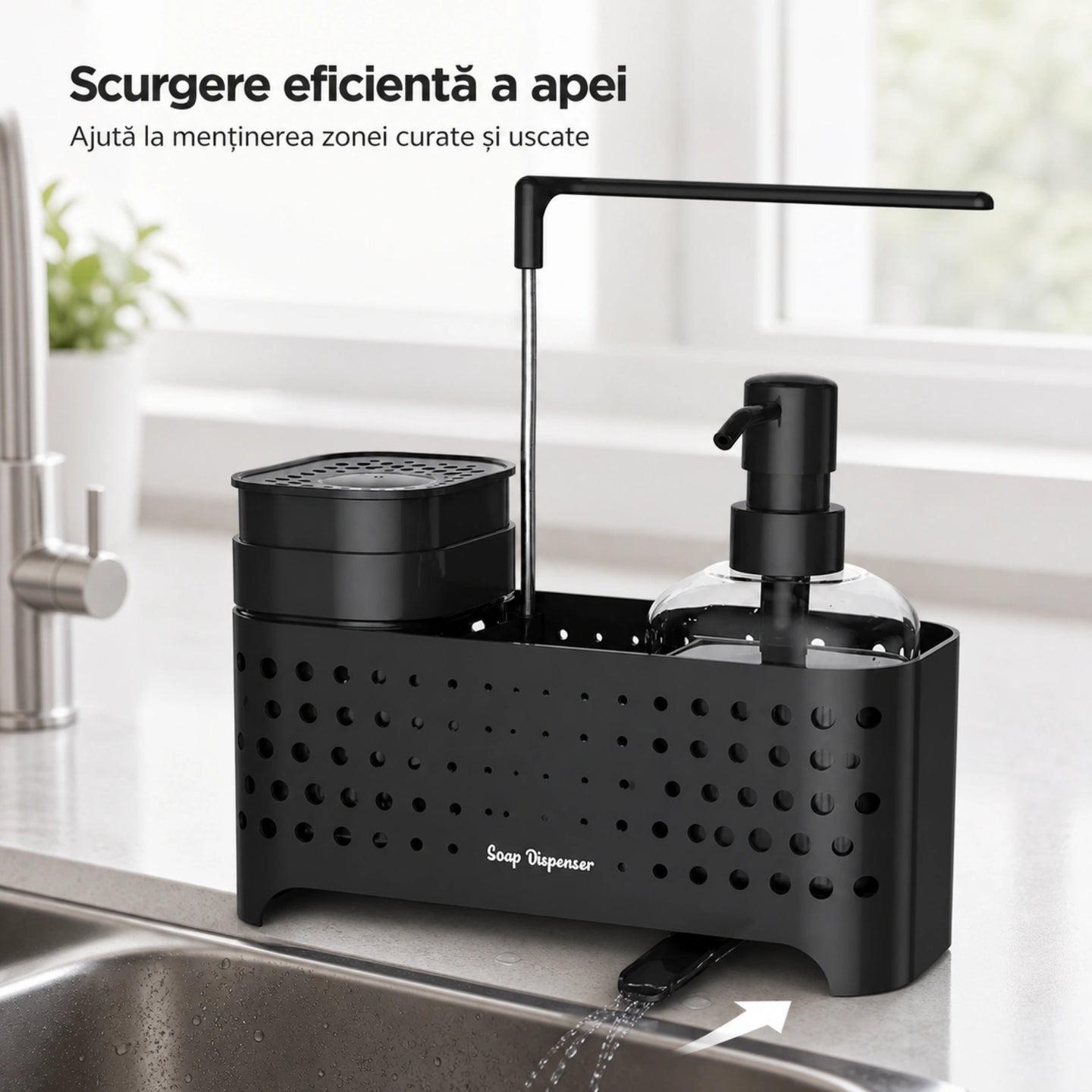 Dozator Sapun HASEPE® pentru Organizare Chiuveta, Dispenser Sapun pentru Detergent si Bureti, 23x10x24,5 cm