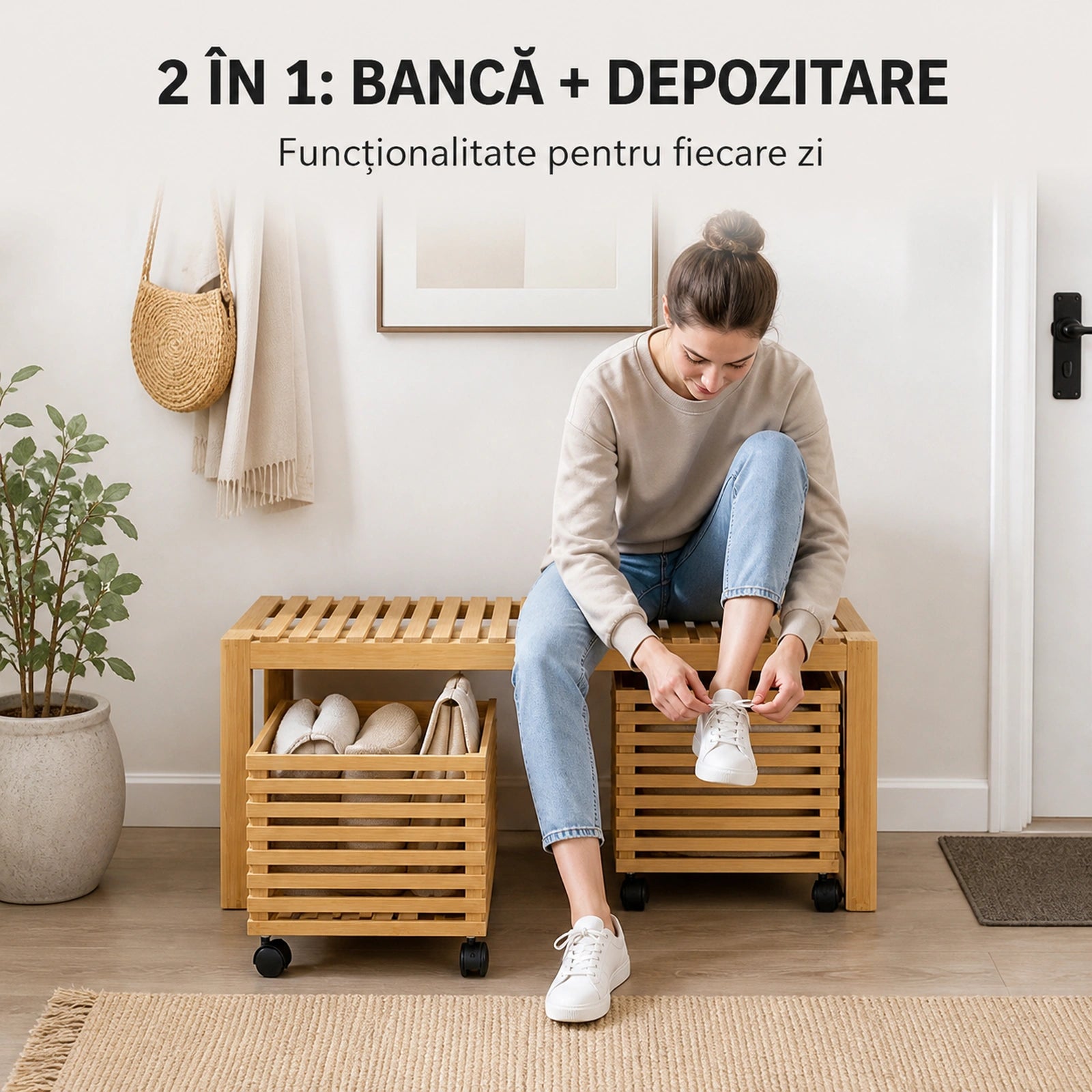 Cos de rufe HASEPE® din Bambus cu Taburet, cos depozitare cu 2 sertare pe roti, banca cu depozitare 38x38,5x75,6 cm