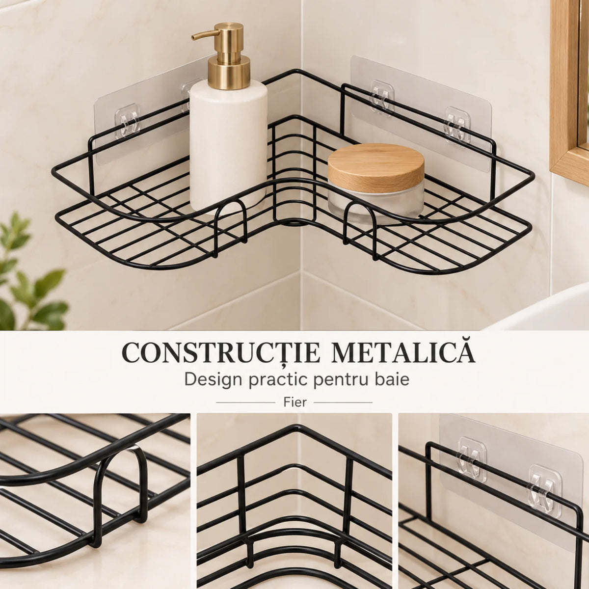 Raft de Dus HASEPE® Pentru Baie Din Metal Negru, Raft Colt Autoadeziv Fara Gaurire 26x26x6cm