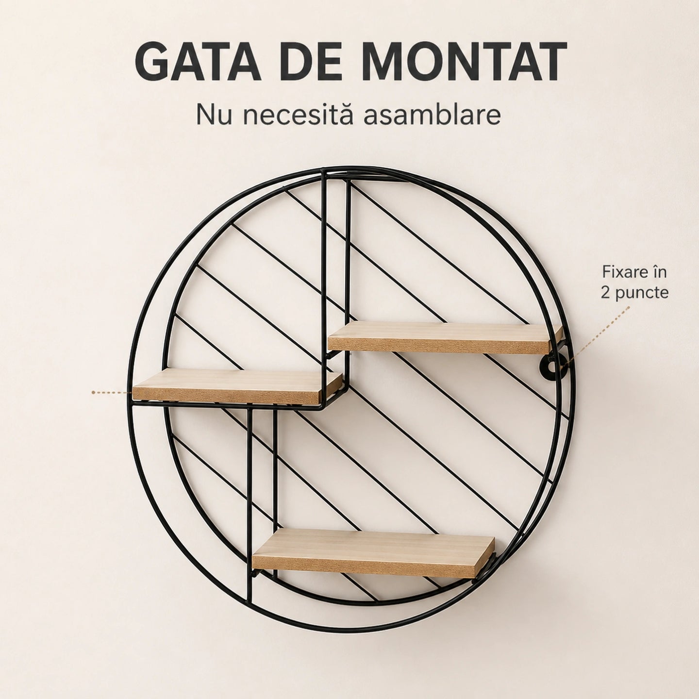 Raft Suspendat HASEPE® Decorativ Rotund, Raft Perete cu 3 Nivele MDF, Etajera Perete Metal si Lemn, Raft Suspendat Ø30x9 cm