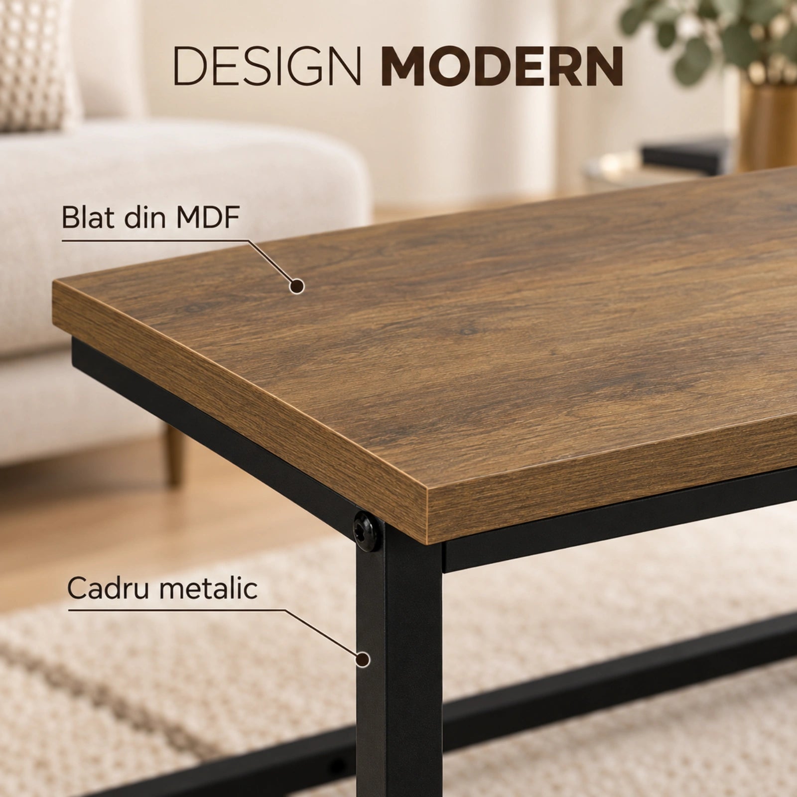 Masa HASEPE® Dreptunghiulara 90x48x40 cm, Blat MDF Culoare Naturala Si Cadru Metalic Negru, Masuta Pentru Living Si Interior