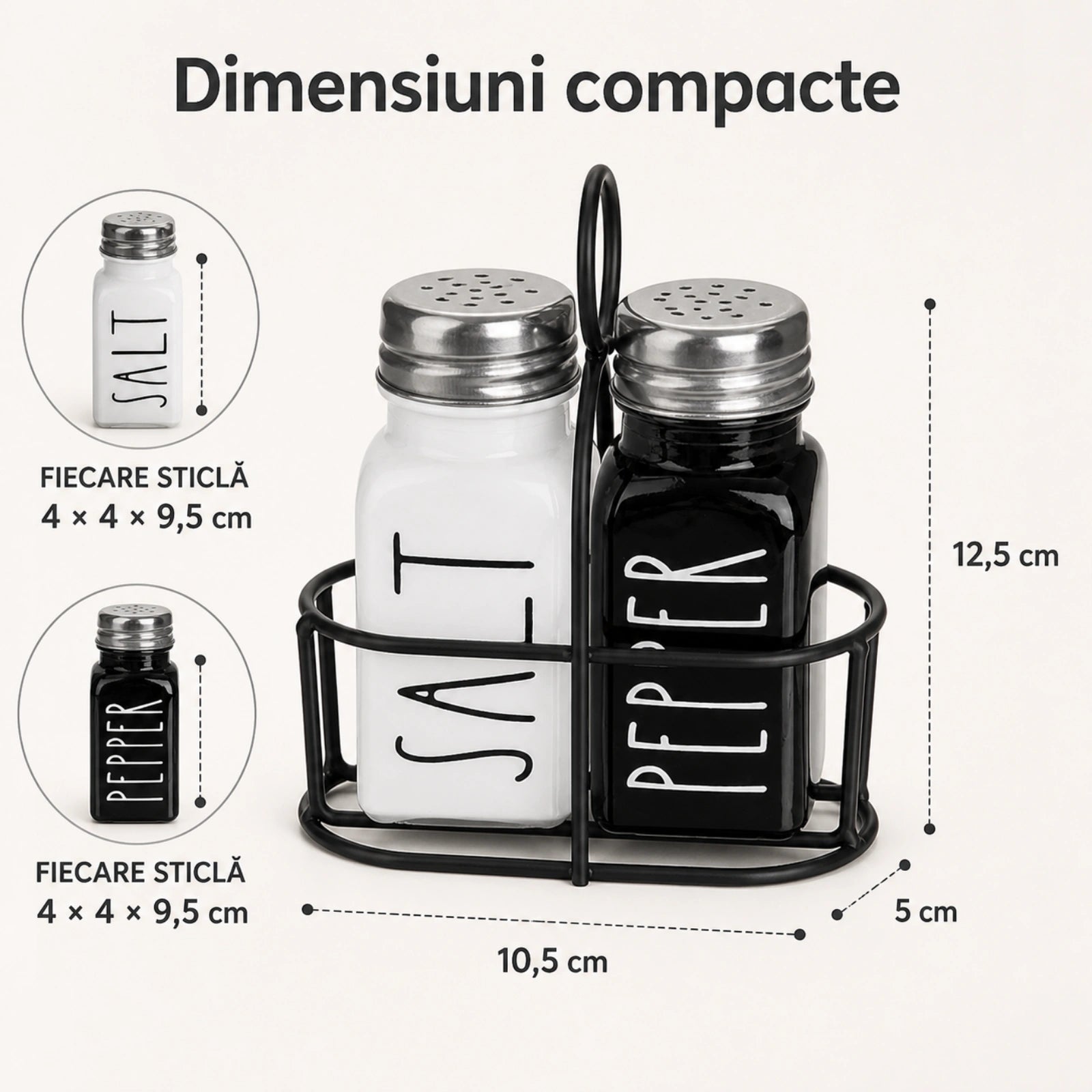 Set Solnita Sare Piper HASEPE® Din Sticla Cu Baza Metalica, Dozator Condimente Elegant 85ml
