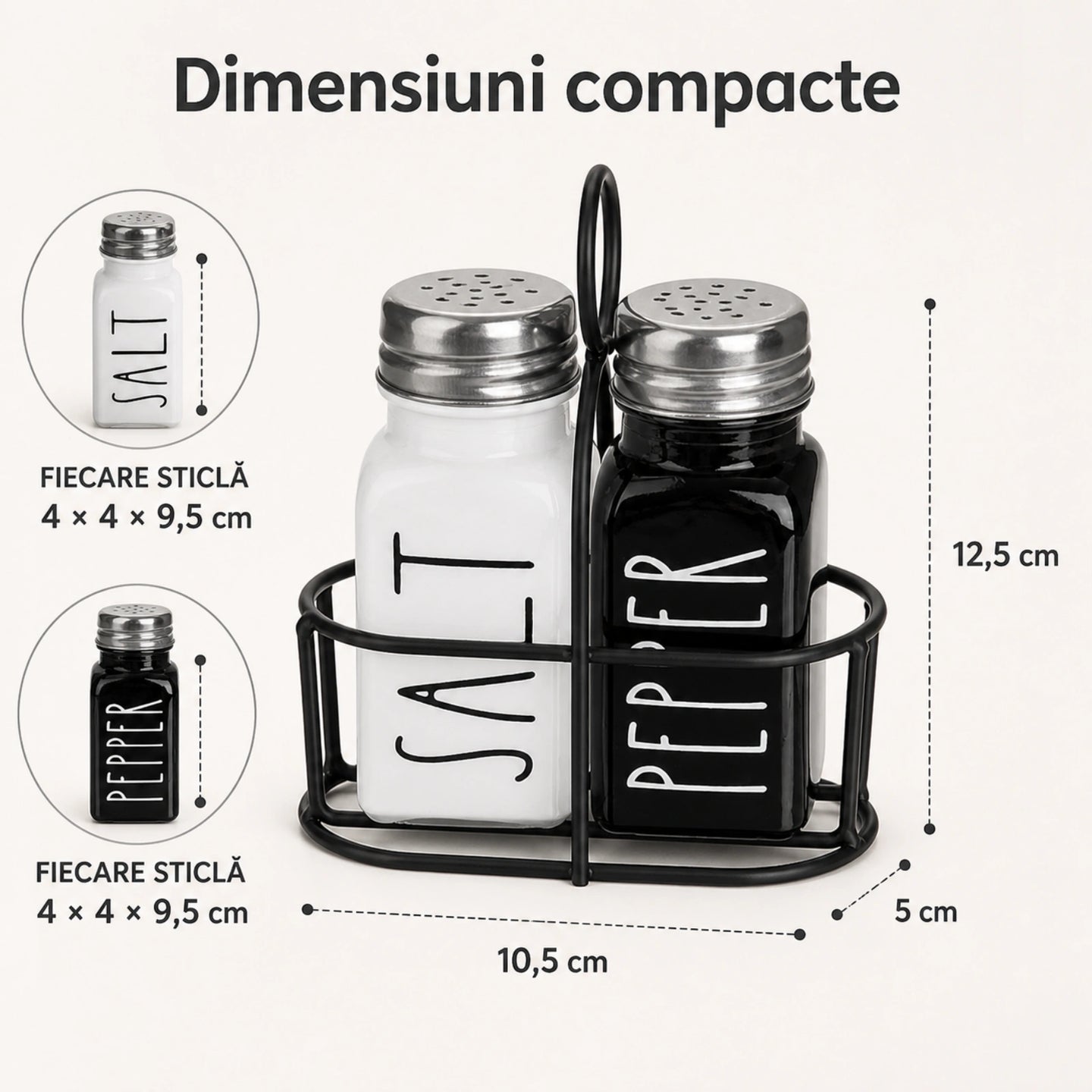 Set Solnita Sare Piper HASEPE® Din Sticla Cu Baza Metalica, Dozator Condimente Elegant 85ml