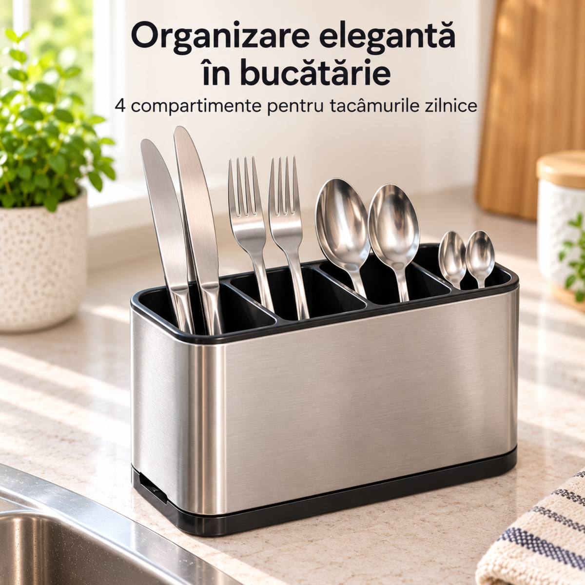 Suport Tacamuri Hasepe® din Inox, 4 Compartimente, 18x9x13 cm, Scurgere in Chiuveta