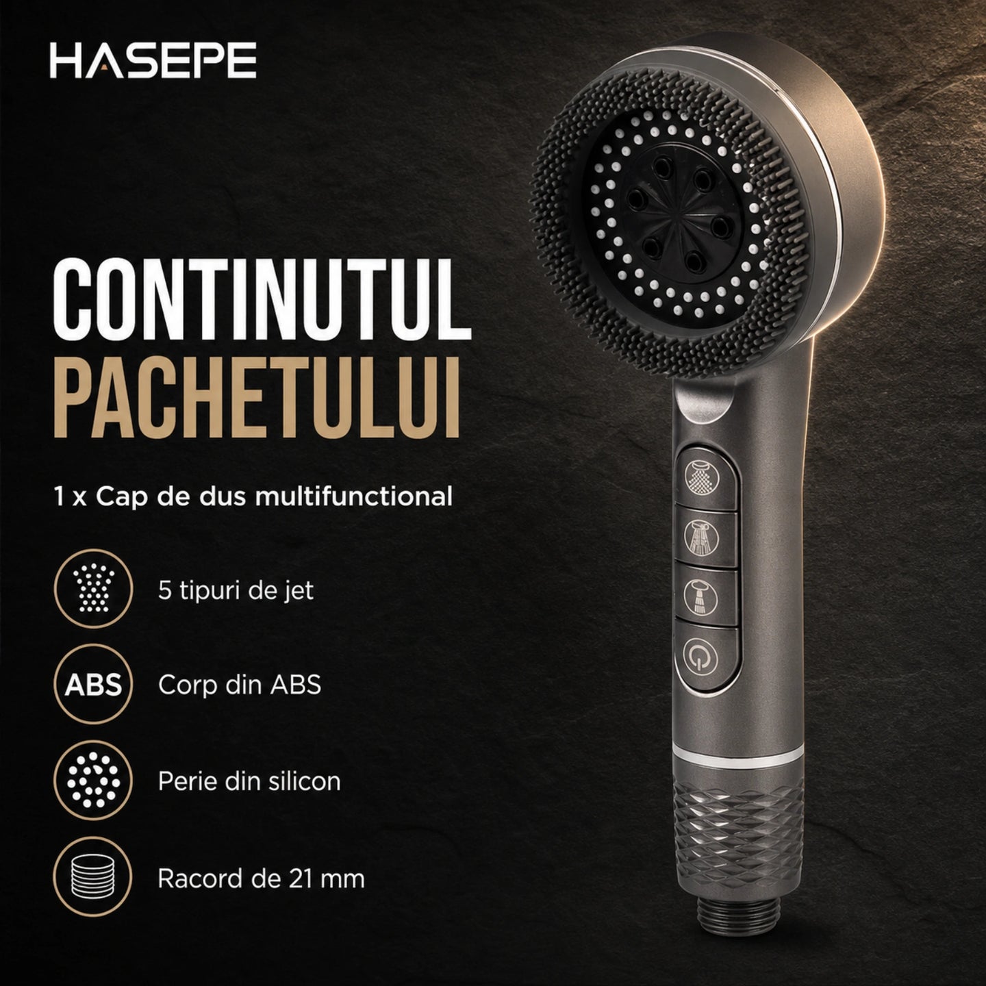 Para Dus HASEPE® Cu 5 Functii, Capat Dus Cu Jet Ploaie si Masaj, Economisire Apa, Montaj Universal 21 mm
