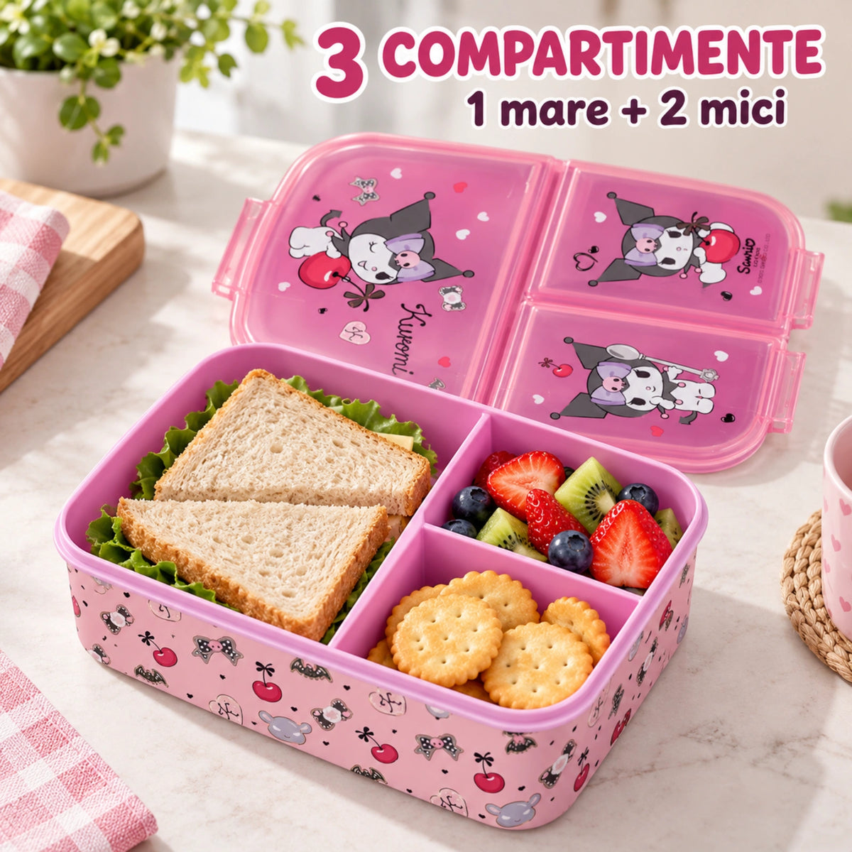 Cutie alimentara HASEPE®, 790 ml, 3 compartimente, caserola copii roz, cutie alimentara pentru scoala si after school
