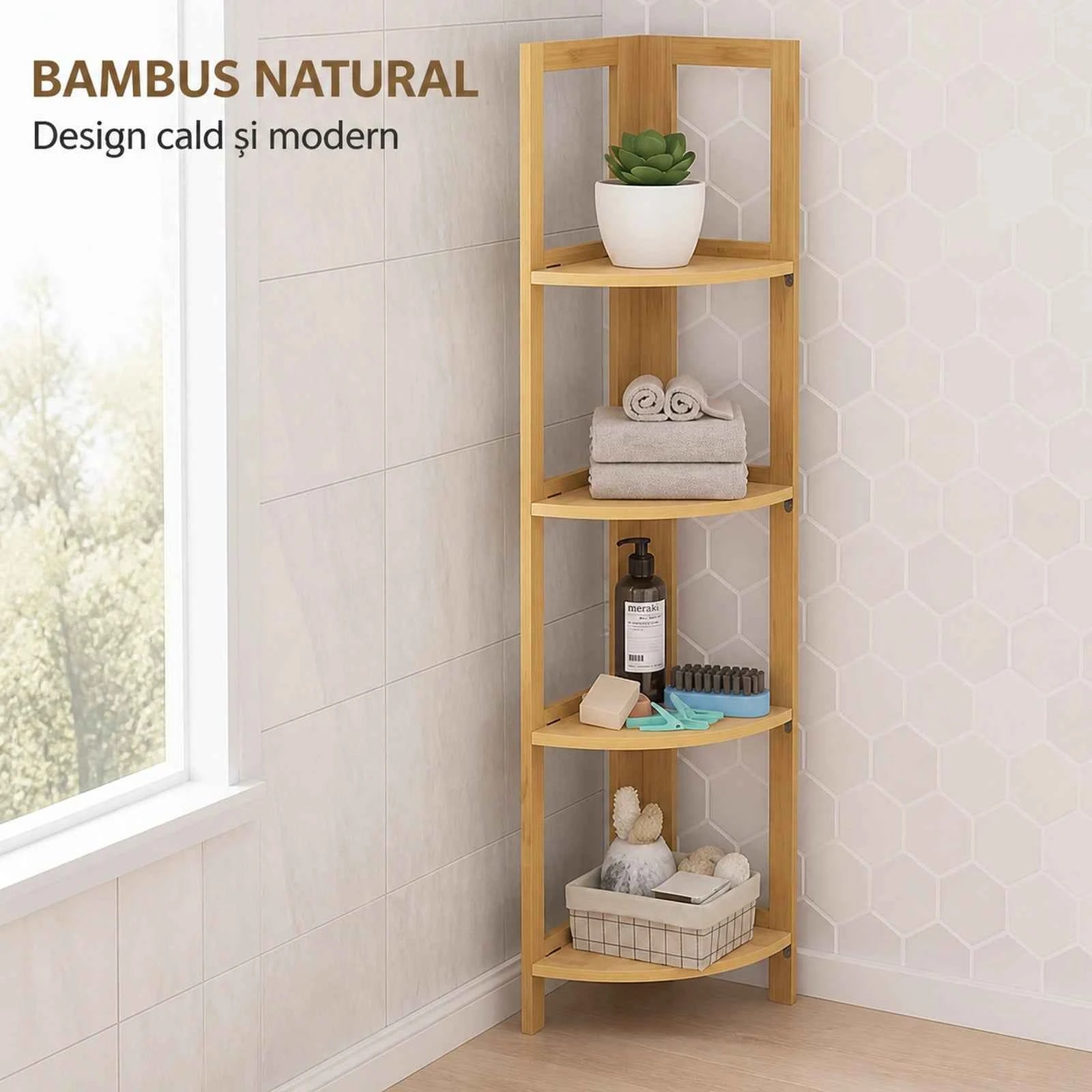 Raft de Colt HASEPE® din Bambus, 4 Polite, 39.5x27x120 cm, Raft Depozitare pentru Baie, Bucatarie si Casa