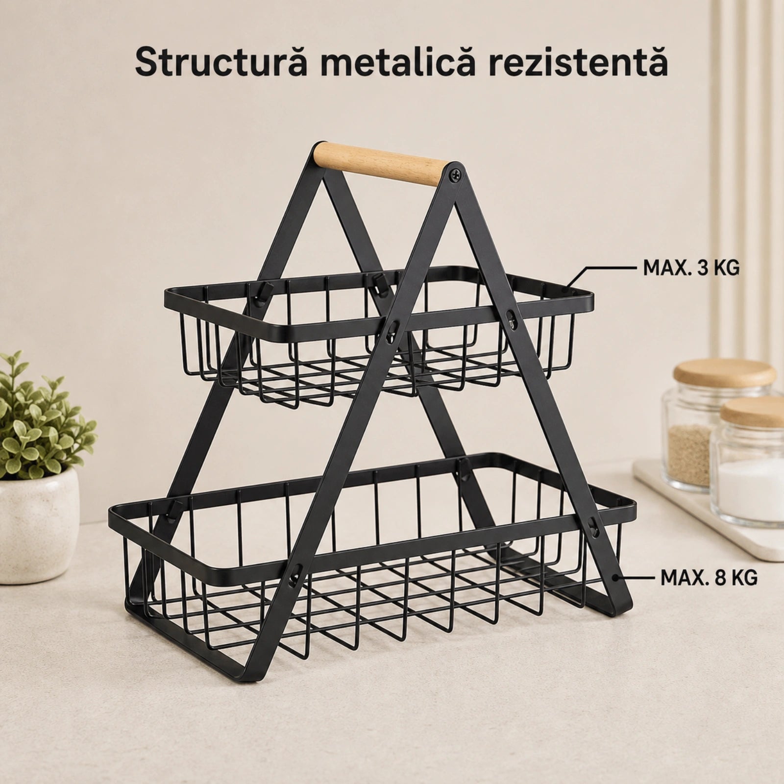 Raft Bucatarie HASEPE® Cu 2 Nivele, Etajera Depozitare Metalica Neagra Cu Maner Din Lemn, 22x14x26cm