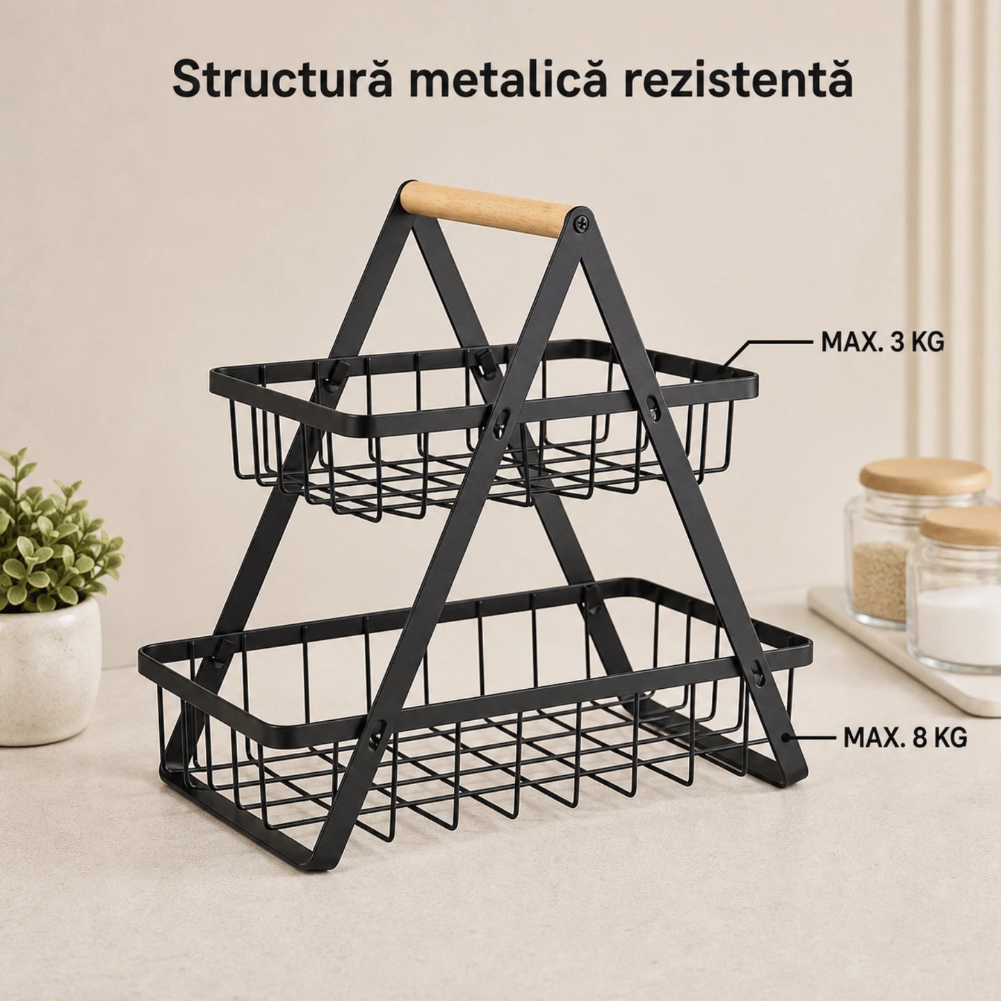 Raft Bucatarie HASEPE® Cu 2 Nivele, Etajera Depozitare Metalica Neagra Cu Maner Din Lemn, 22x14x26cm