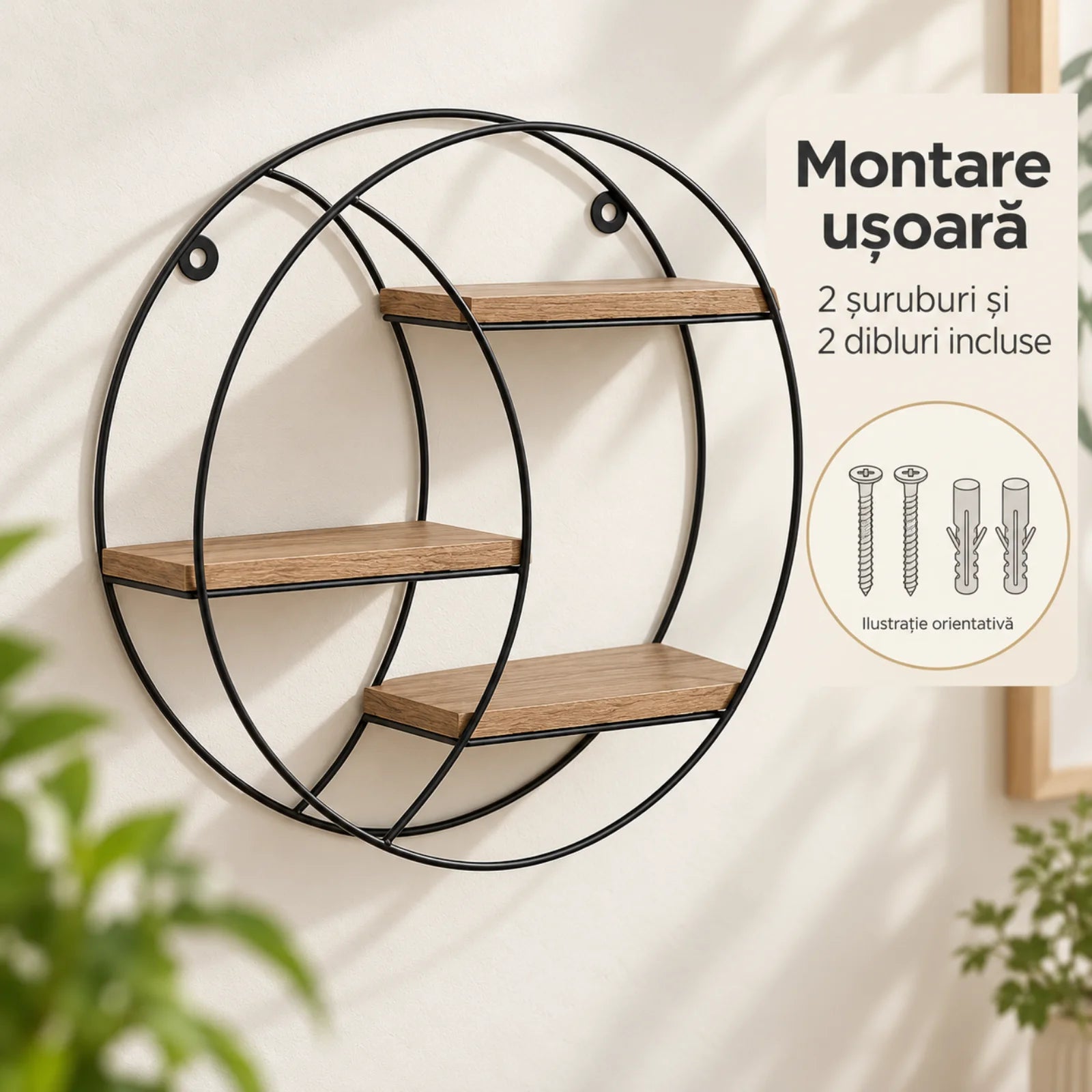 Raft Decorativ HASEPE® Rotund, cu 3 Niveluri din MDF si Cadru Metalic, Raft de Perete Ø30x9 cm