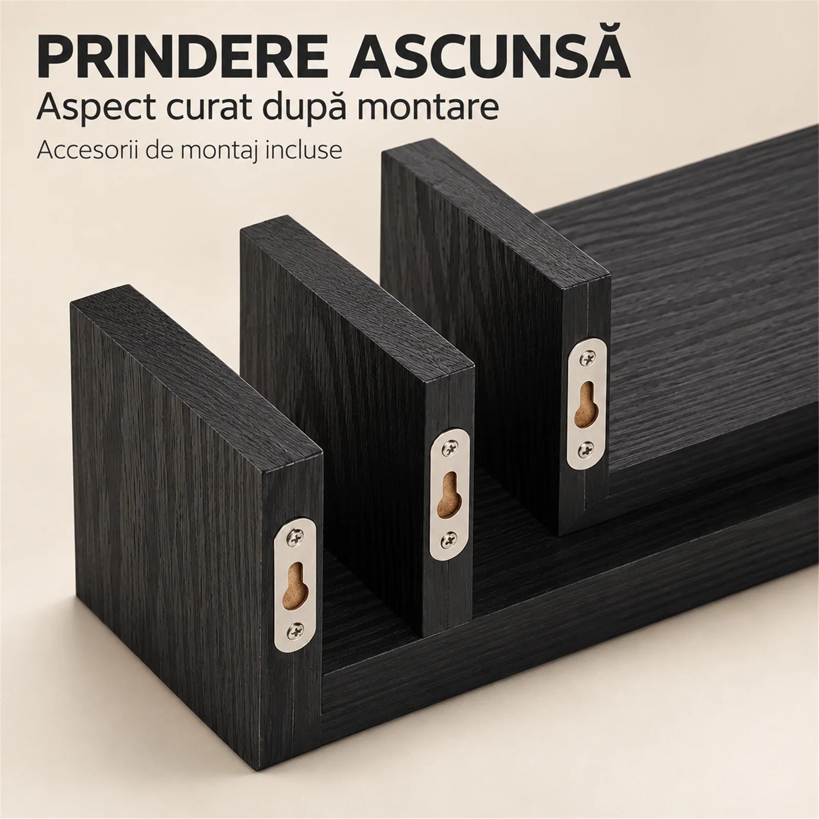 Set 3 Rafturi De Perete HASEPE®, Set 3 Rafturi Suspendate Negru, Rafturi Decorative Cu Suporturi Ascunse