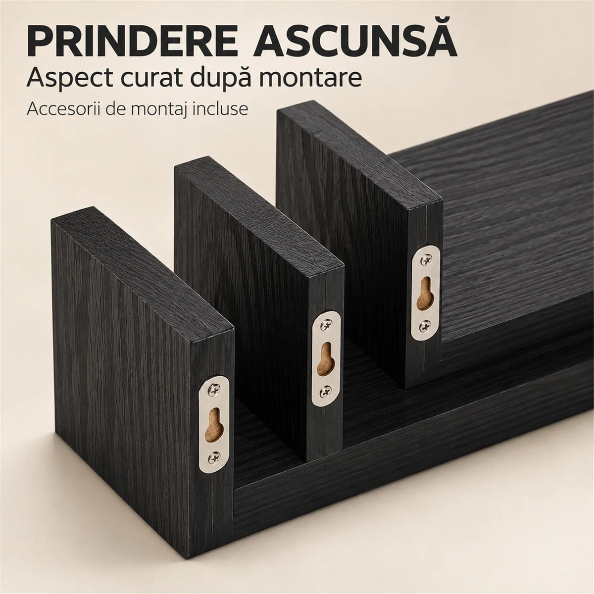 Set 3 Rafturi De Perete HASEPE®, Set 3 Rafturi Suspendate Negru, Rafturi Decorative Cu Suporturi Ascunse