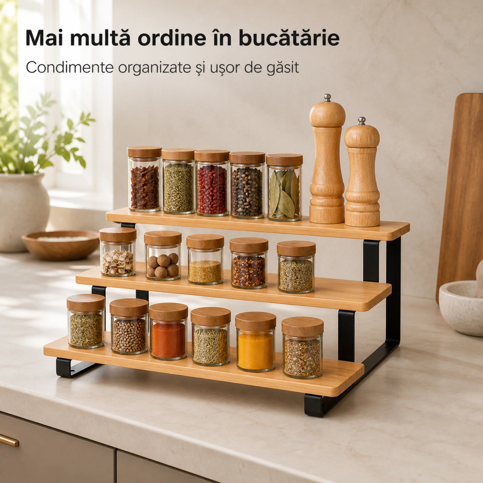 Suport condimente HASEPE® din bambus si metal, organizator condimente cu 3 niveluri pentru bucatarie, suport condimente 32x23x9,8 cm