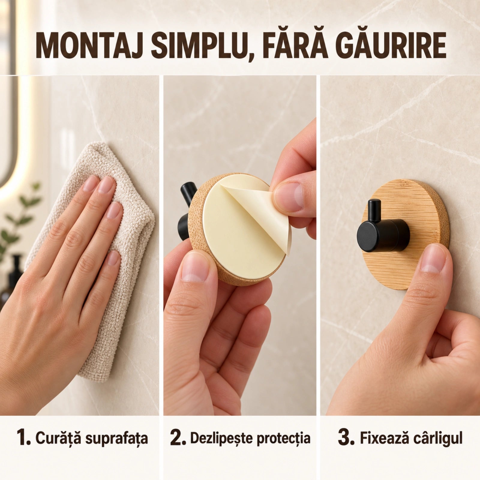 Carlige Autoadezive HASEPE® din Bambus, 2 Bucati, Ø4,8 cm, Carlige Baie Rotunde cu Suport Negru PP, Cuier Baie pentru Prosoape si Accesorii Mici de Baie