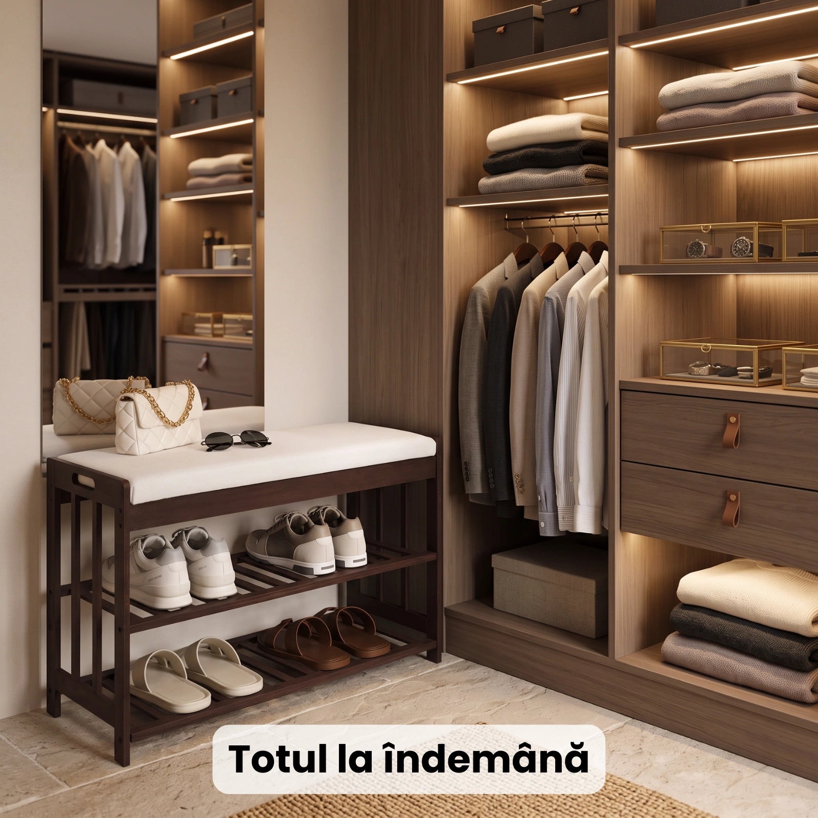 Pantofar HASEPE® Dulap Pantofi Cu Bancheta Din Lemn, Organizator Pantofi Cu 3 Nivele Mari