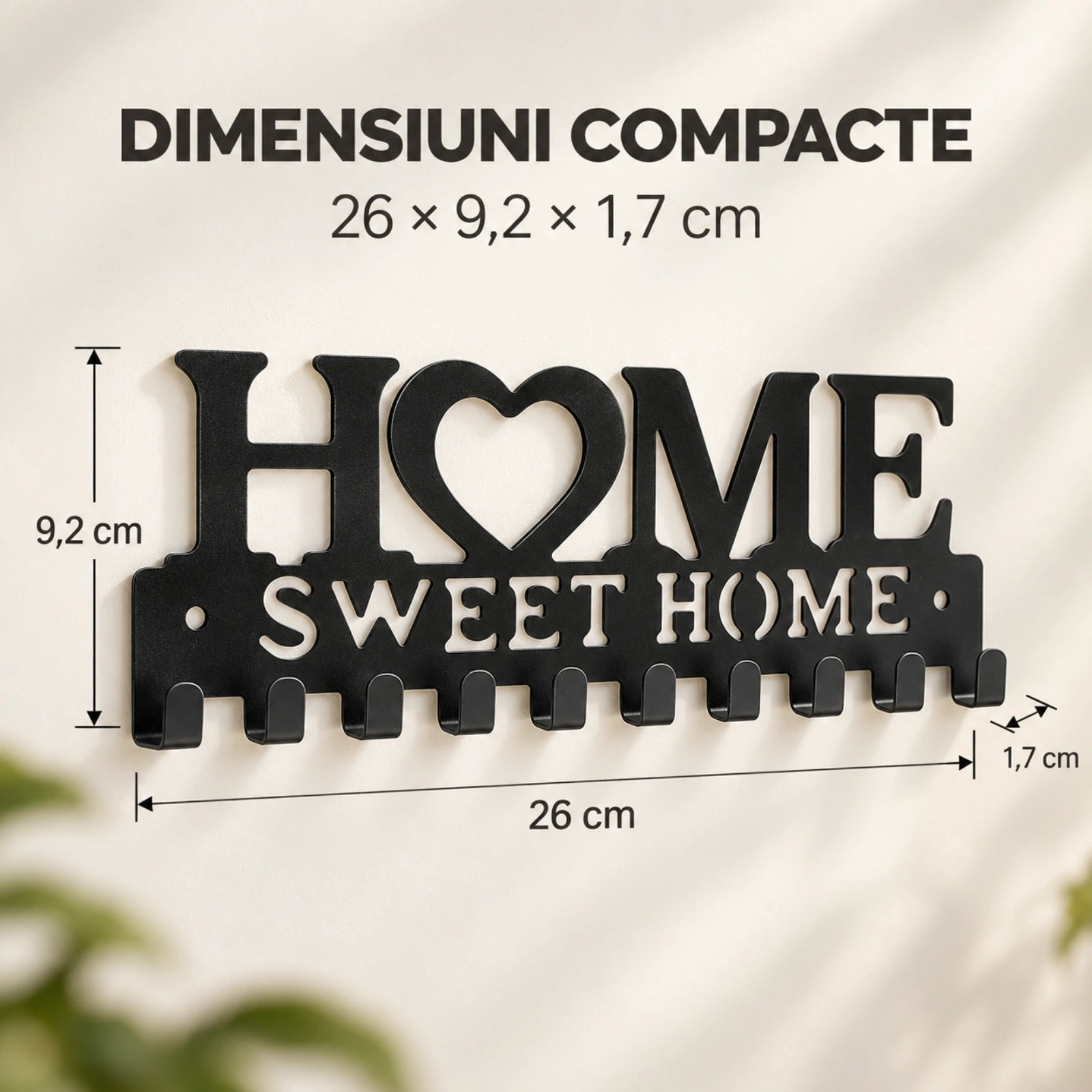 Cuier de perete HASEPE® metalic negru, 10 carlige, model Home Sweet Home, cuier perete pentru chei, 26x9,2x1,7 cm