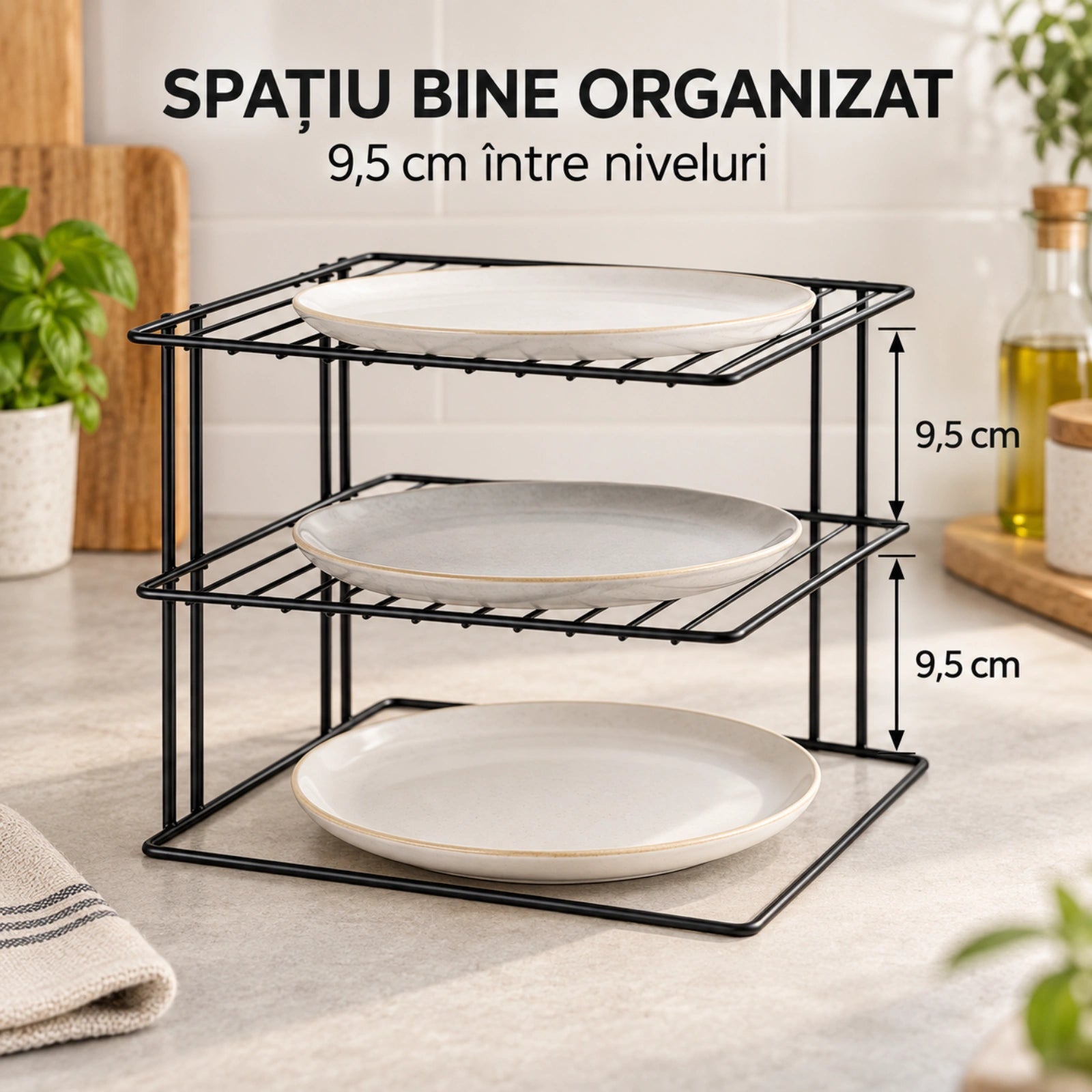Organizator bucatarie HASEPE® raft de colt cu 3 nivele, metal negru, 23x23x21 cm, raft organizator pentru farfurii si dulap