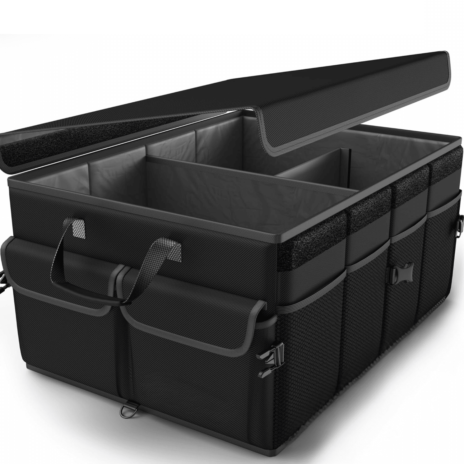 Organizator Portbagaj Auto 60L HASEPE, Pliabil, Multifunctional, Capac Detasabil, Curele Fixare si Baza Antialunecare, 3 Compartimente Mari + Buzunare Laterale, 51x32x37 cm, Negru Oxford - HASEPE