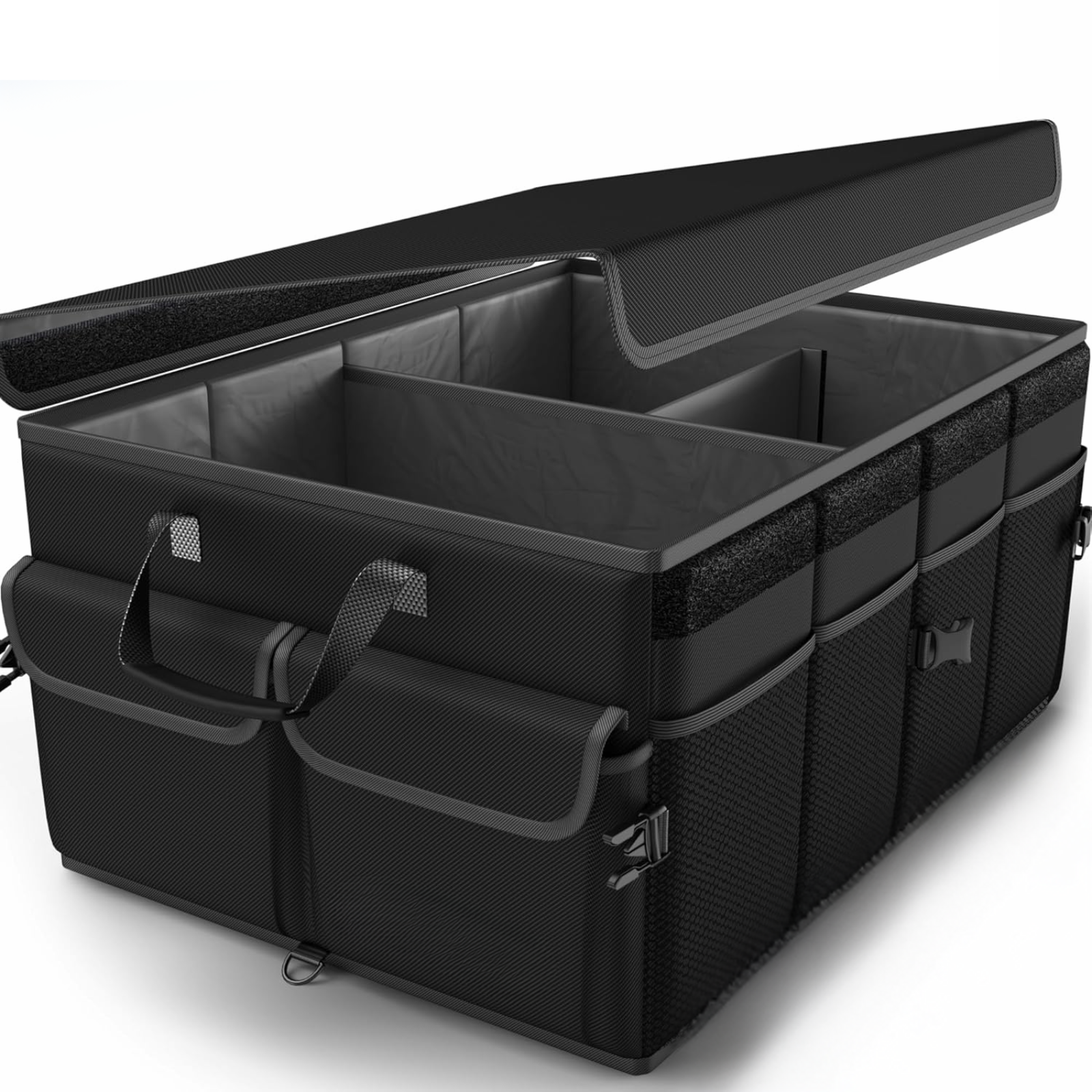 Organizator Portbagaj Auto 60L HASEPE, Pliabil, Multifunctional, Capac Detasabil, Curele Fixare si Baza Antialunecare, 3 Compartimente Mari + Buzunare Laterale, 51x32x37 cm, Negru Oxford