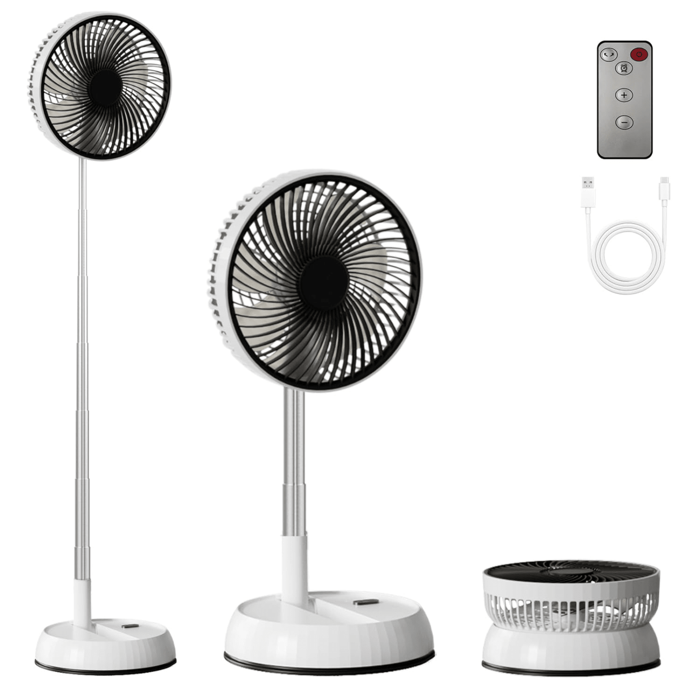Ventilator portabil telescopic HASEPE, pliabil cu telecomanda, 3 viteze, reglabil pe inaltime 35 - 85 cm, rotire automata 90°, cap inclinabil 180°, USB, diametru 20 cm, alb - HASEPE