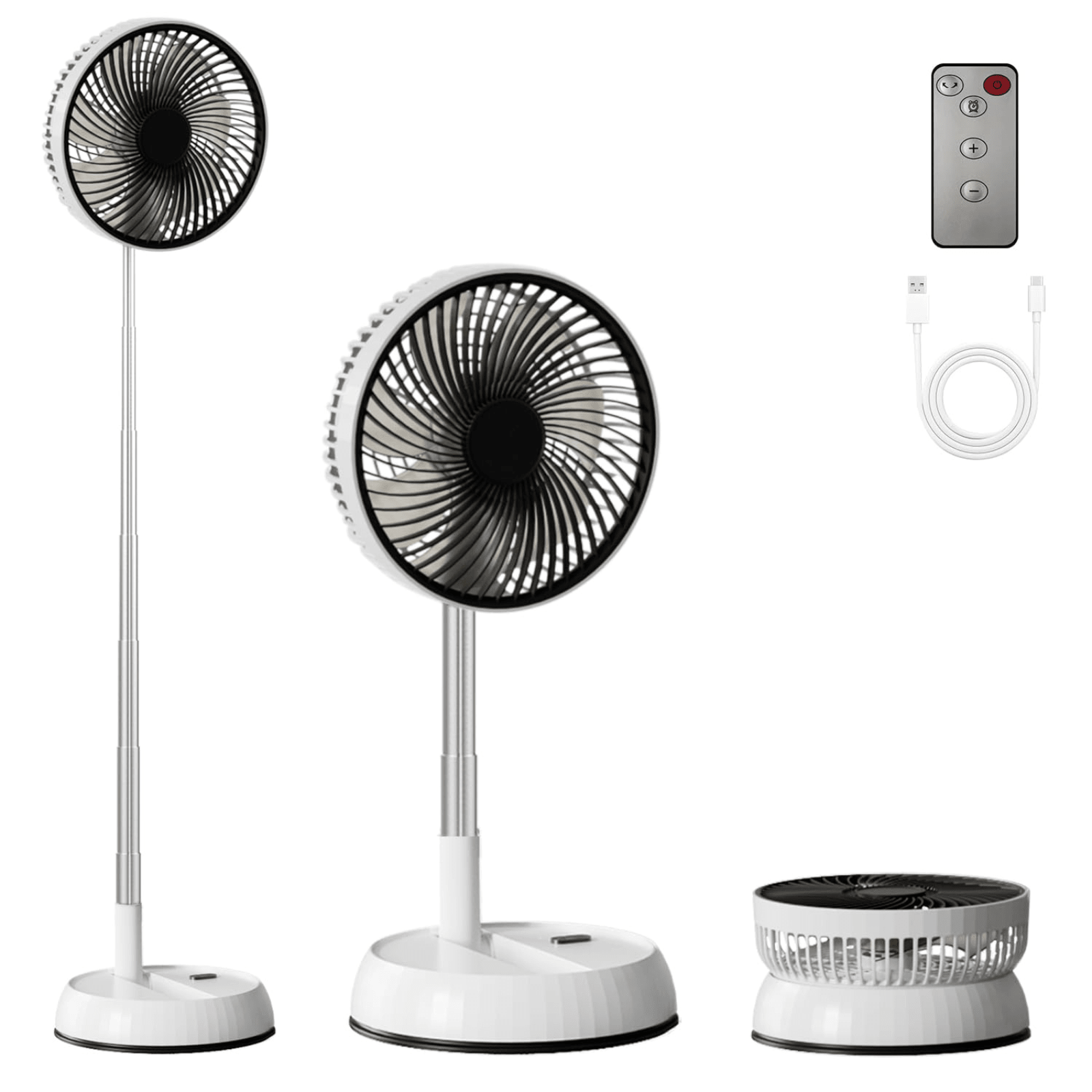 Ventilator portabil telescopic HASEPE, pliabil cu telecomanda, 3 viteze, reglabil pe inaltime 35 - 85 cm, rotire automata 90°, cap inclinabil 180°, USB, diametru 20 cm, alb - HASEPE