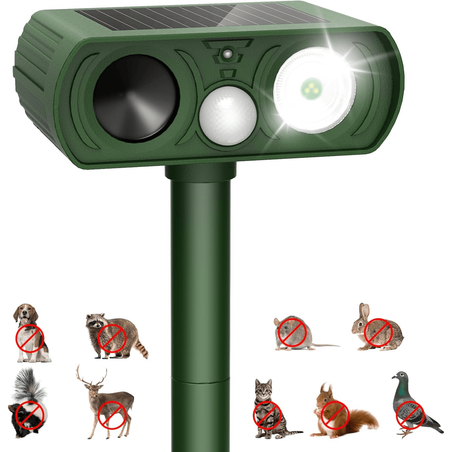 Dispozitiv Ultrasonic Solar Anti - Animale HASEPE, cu Senzor de Miscare 120°, LED Intermitent, Rezistent la Apa IP65, Protectie Ecologica pentru Gradina, Impotriva Pisicilor, Cainilor, Rozatoarelor si C - HASEPE