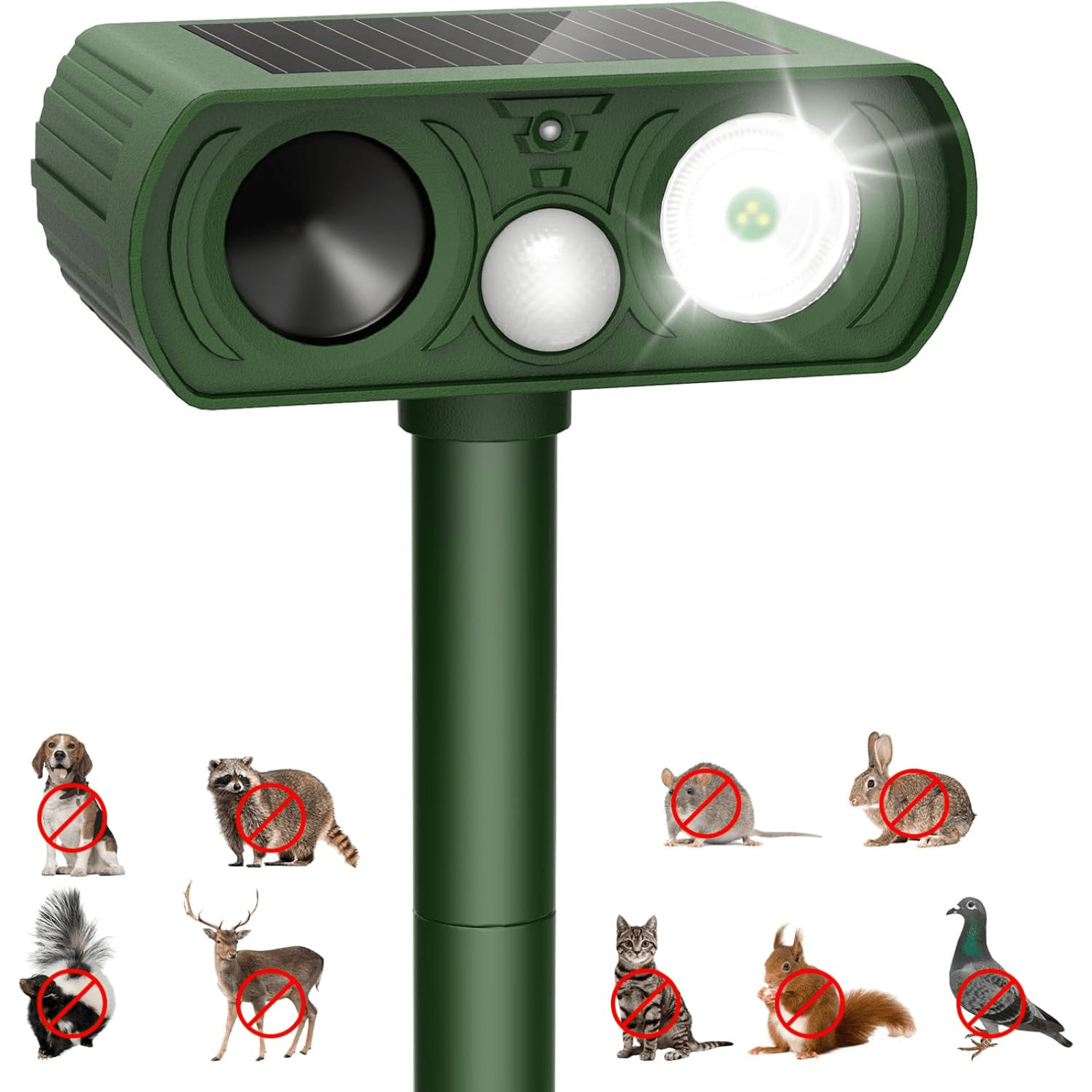 Dispozitiv Ultrasonic Solar Anti - Animale HASEPE, cu Senzor de Miscare 120°, LED Intermitent, Rezistent la Apa IP65, Protectie Ecologica pentru Gradina, Impotriva Pisicilor, Cainilor, Rozatoarelor si C - HASEPE