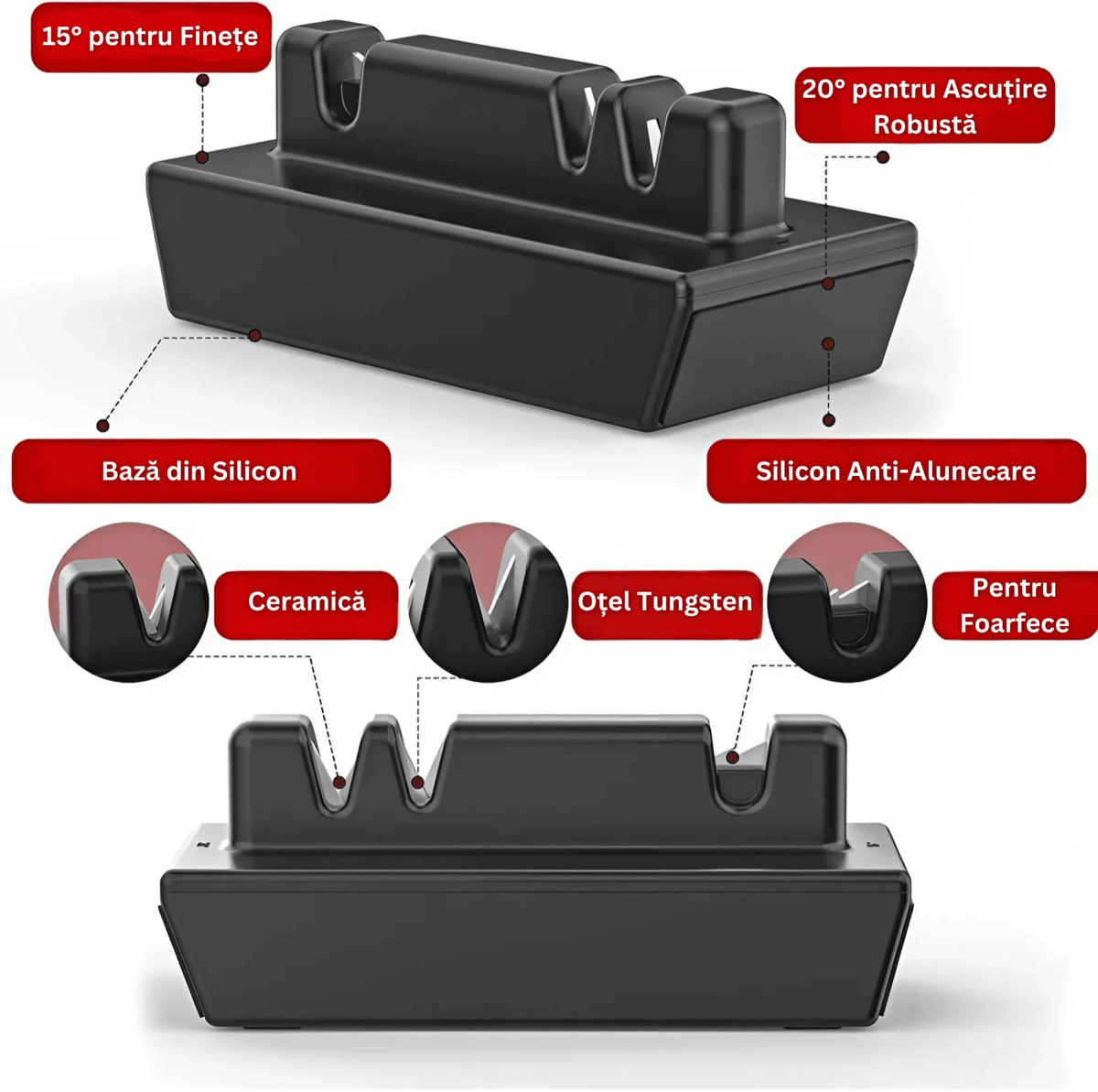 Ascutitor Cutite Rulant Profesional 5 in 1 HASEPE, Piatra Diamantata cu 2 Granulatii (400/1000), Suport Magnetic 15°/20°, Multifunctional, Pentru Cutite si Lame Ceramica