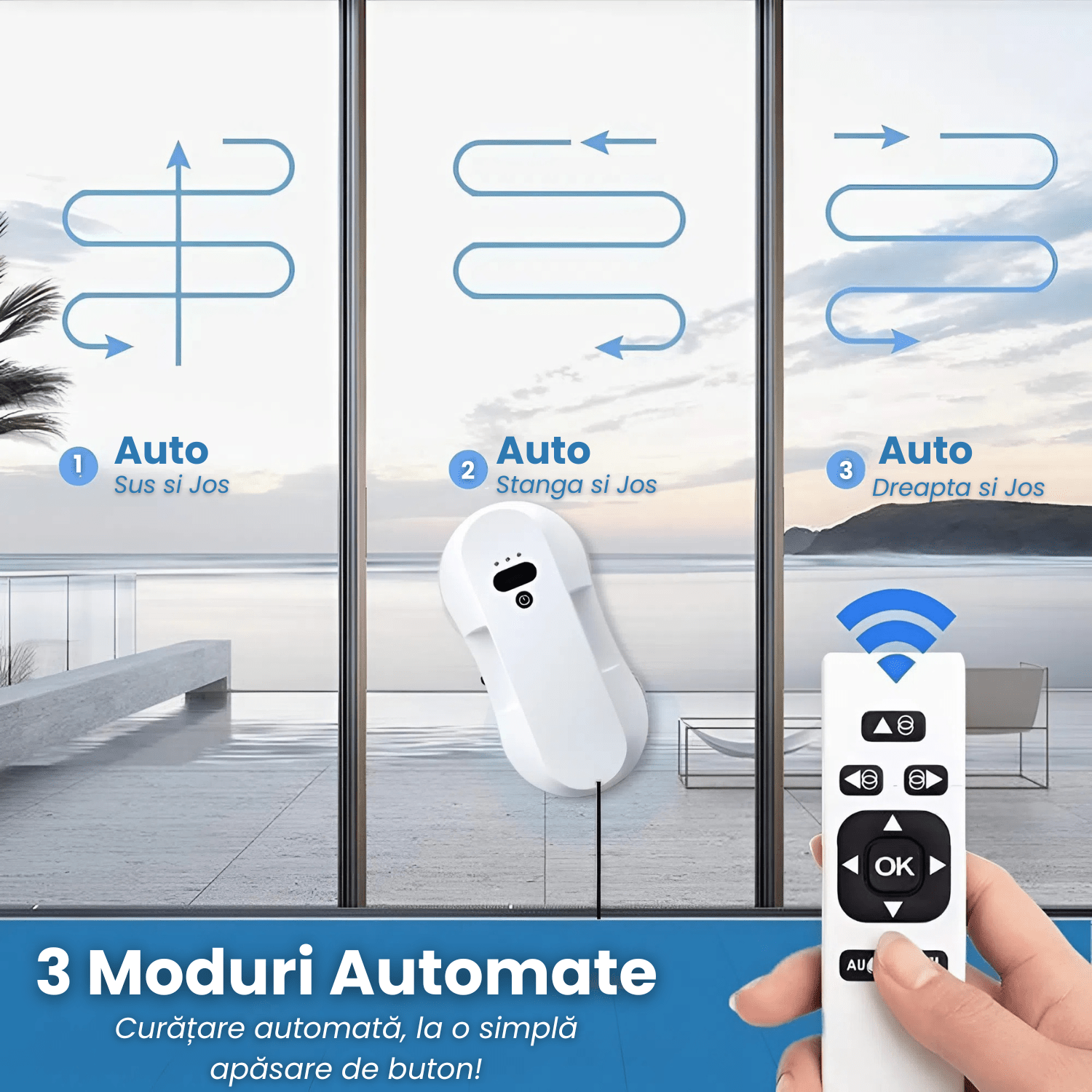 Robot Curatat Geamuri HASEPE, Aspirare Puternica 5800Pa, Pulverizare Automata 50ml, 3 Moduri Auto, Telecomanda, Lavete Microfibra, Sigur pe Geamuri Inalte, Alb - HASEPE