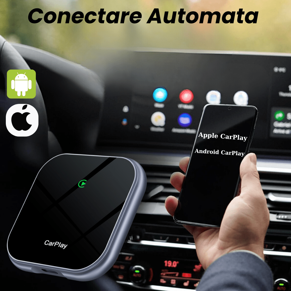 Modulator Auto CarPlay si Android Auto Wireless 2 in 1 HASEPE, Plug & Play, Compatibil iOS 10+ si Android 11+, WiFi 2.4/5Ghz, Procesor AI, Conectare Automata, Upgrade Masini cu CarPlay/Android Auto - HASEPE