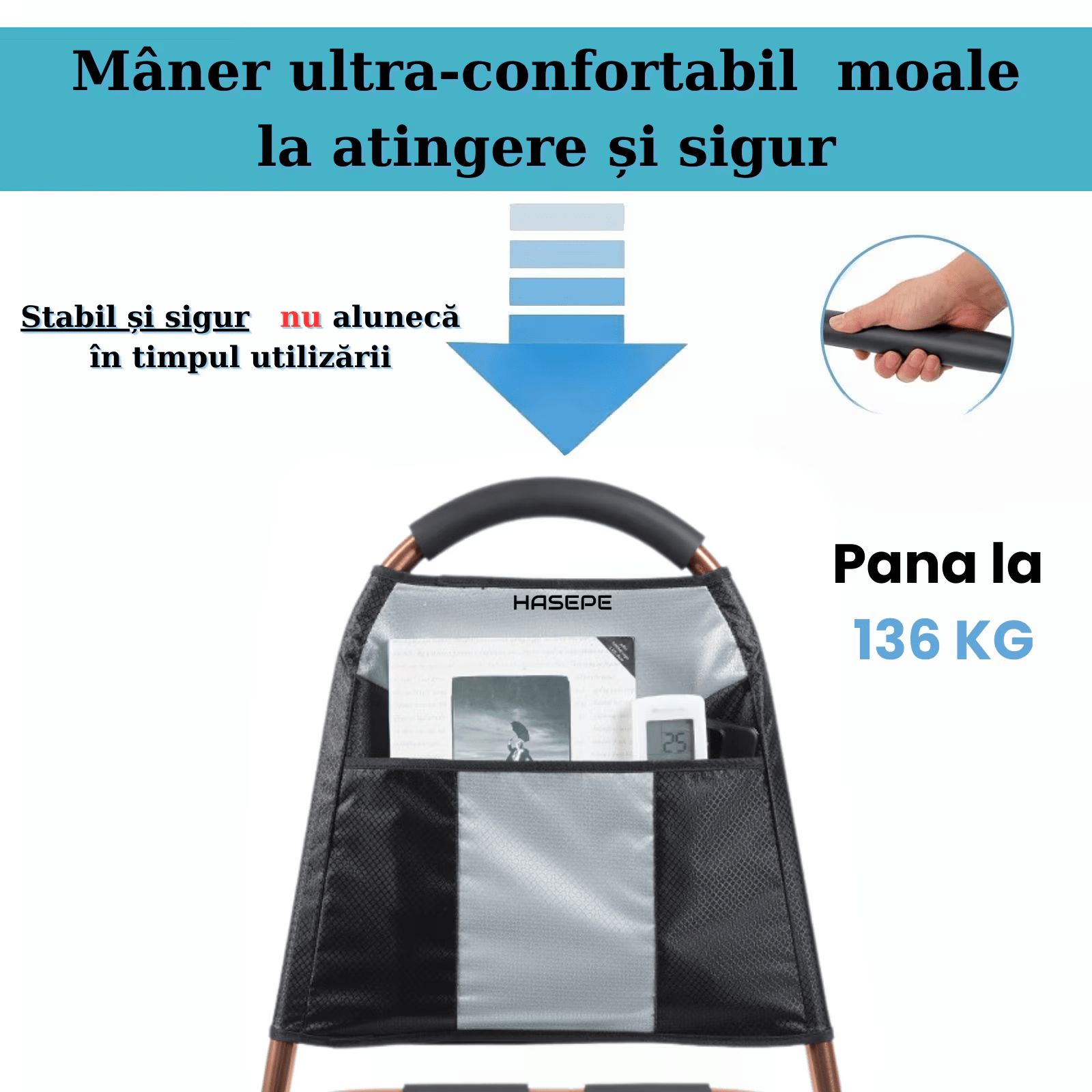 Maner de sprijin si balustrada pentru pat HASEPE, cu 3 bare de stabilizare si maner antiderapant, buzunar lateral, suport ridicare persoane varstnice, pacienti dupa operatie, femei insarcinate sau cu - HASEPE