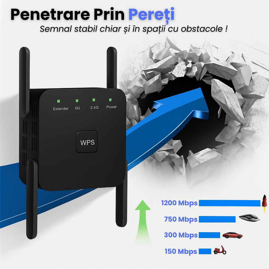 Range Extender WiFi HASEPE, Amplificator Wireless 1200 m², Suporta 80 Dispozitive, 4 Antene Puternice, Port Ethernet, Semnal Stabil, Instalare WPS Rapida, Compatibil Universal - HASEPE