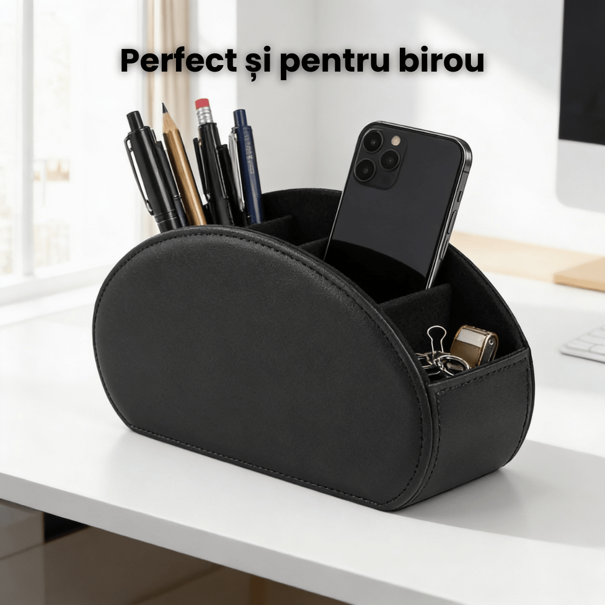 Suport Telecomenzi HASEPE Cu 5 Compartimente Din Piele Ecologica PU, Organizator Telecomenzi Pentru TV Si Media Player, Suport Telecomanda Pentru Ochelari, Telefon Sau Pixuri, Design Elegant Cu Textur - HASEPE