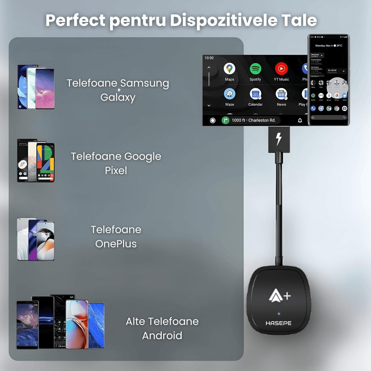 Modulator Android Auto Wireless HASEPE, USB/USB - C, Reconectare Automata, Streaming Netflix, YouTube, TikTok, Navigatie, Muzica, Apeluri, Negru - HASEPE
