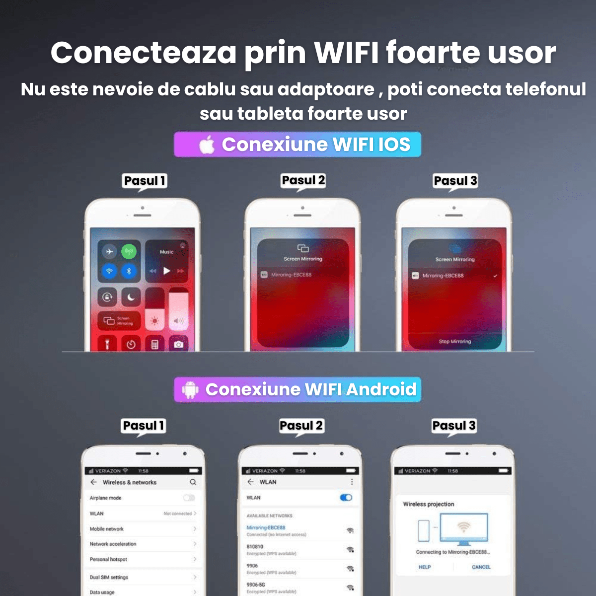 Videoproiector portabil HASEPE, WiFi Mirroring Android/iOS/Windows/MacBook, Rezolutie HD 720P, 3900 LUX, HDMI, USB, SD, VGA, AV, difuzor integrat, ideal pentru acasa si exterior - HASEPE