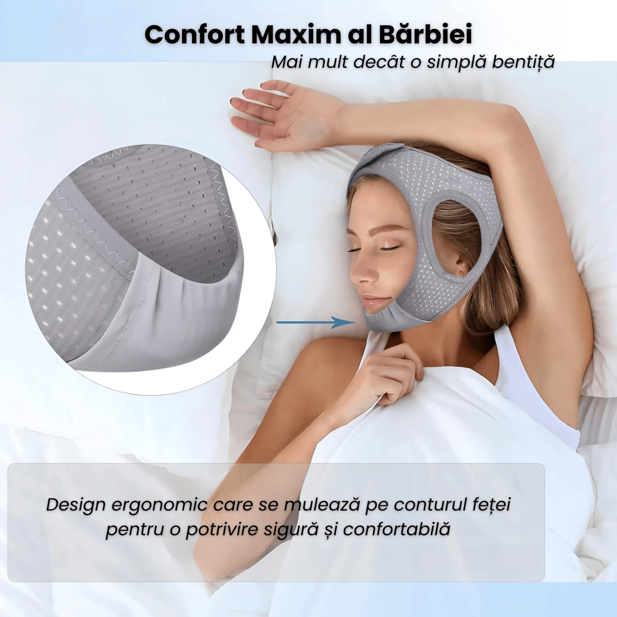Curea Anti Sforait HASEPE, Suport Maxilar Reglabil, Banda pentru Barba si Barbie, Material Elastic si Respirabil, Marime Universala, Gri - HASEPE