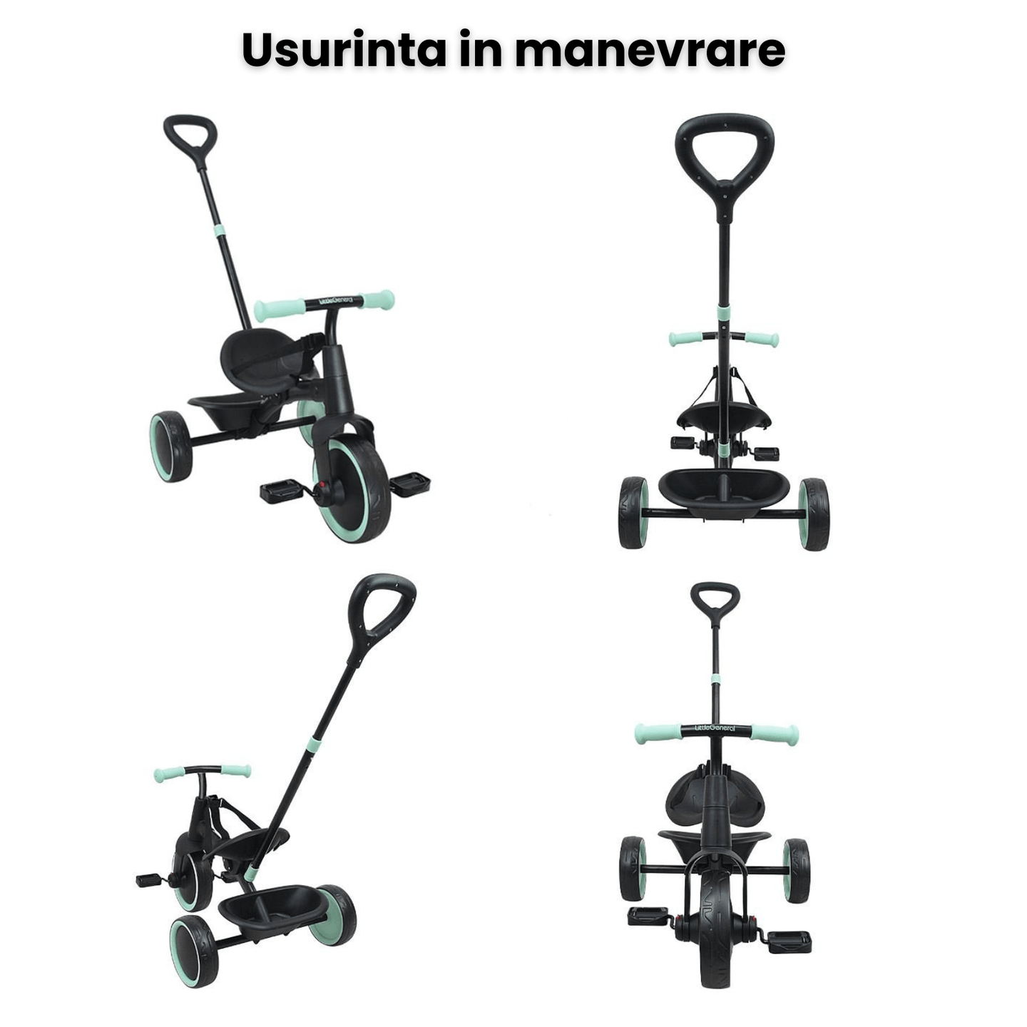 Tricicleta 2 in 1 HASEPE, cadru metalic si maner de control detasabil, roti mari, centura de siguranta in 3 puncte, cosulet pentru depozitare - HASEPE