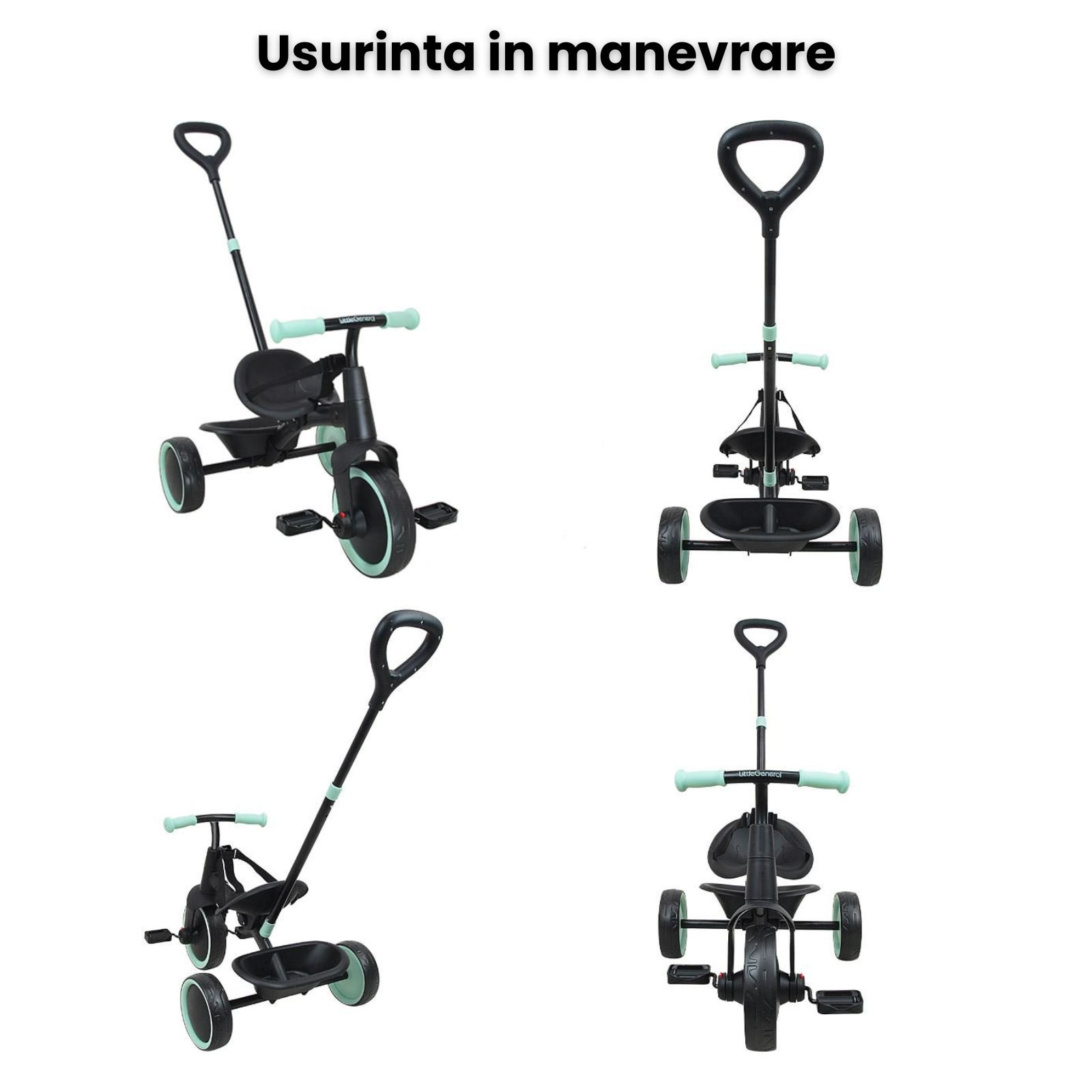 Tricicleta 2 in 1 HASEPE, cadru metalic si maner de control detasabil, roti mari, centura de siguranta in 3 puncte, cosulet pentru depozitare