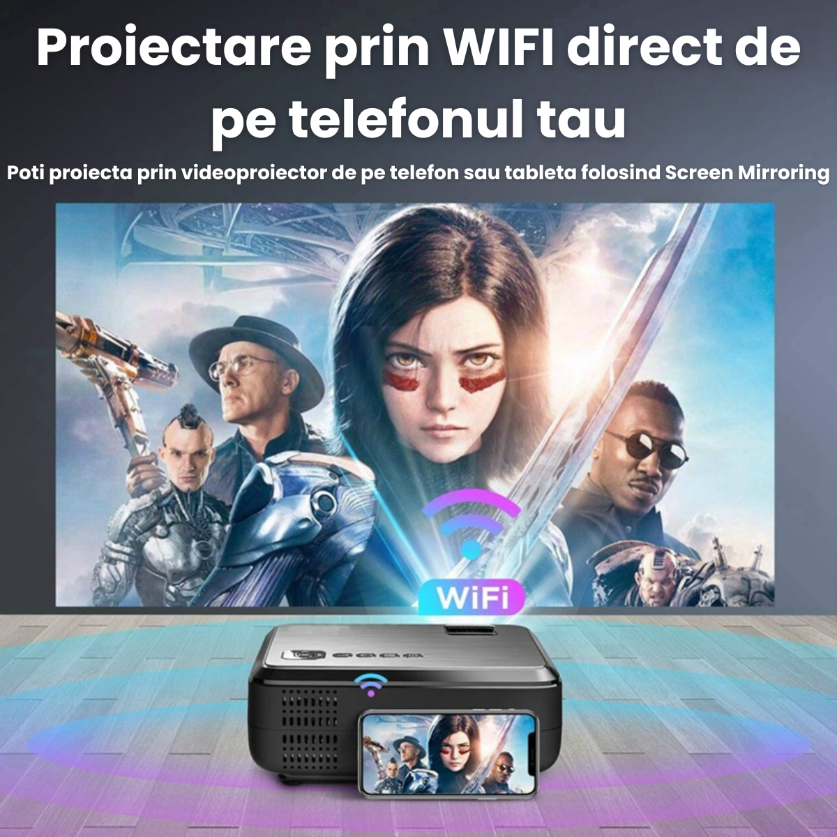 Videoproiector portabil HASEPE, WiFi Mirroring Android/iOS/Windows/MacBook, Rezolutie HD 720P, 3900 LUX, HDMI, USB, SD, VGA, AV, difuzor integrat, ideal pentru acasa si exterior