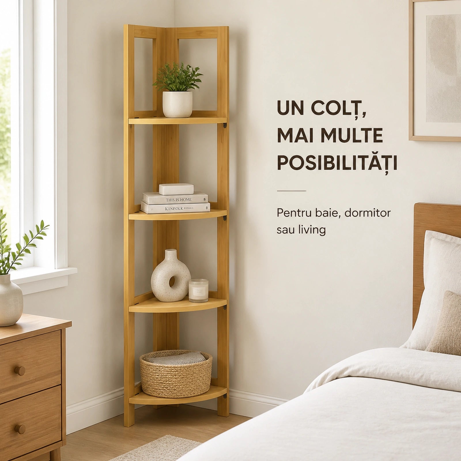 Raft de Colt HASEPE® din Bambus, 4 Polite, 39.5x27x120 cm, Raft Depozitare pentru Baie, Bucatarie si Casa