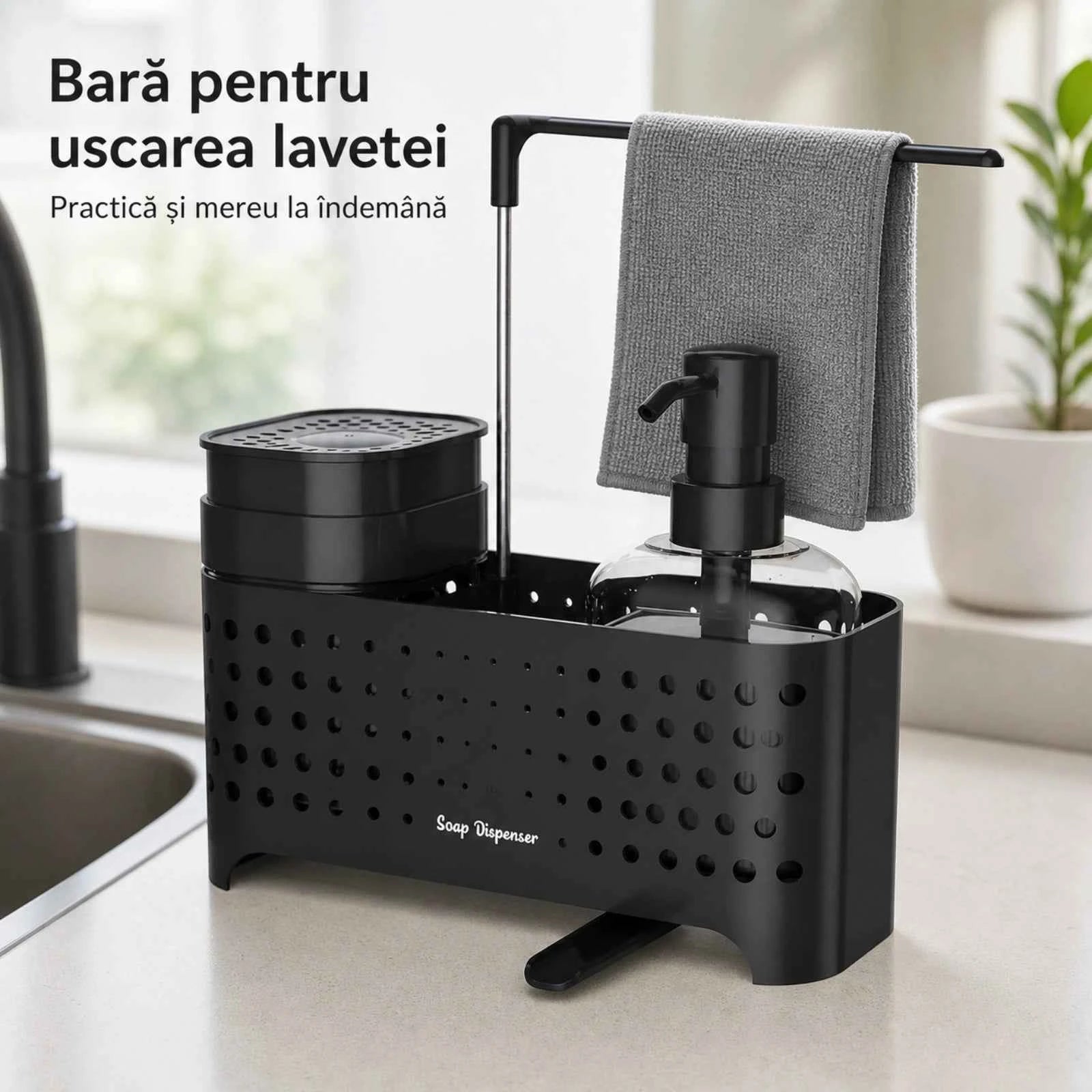 Dozator Sapun HASEPE® pentru Organizare Chiuveta, Dispenser Sapun pentru Detergent si Bureti, 23x10x24,5 cm