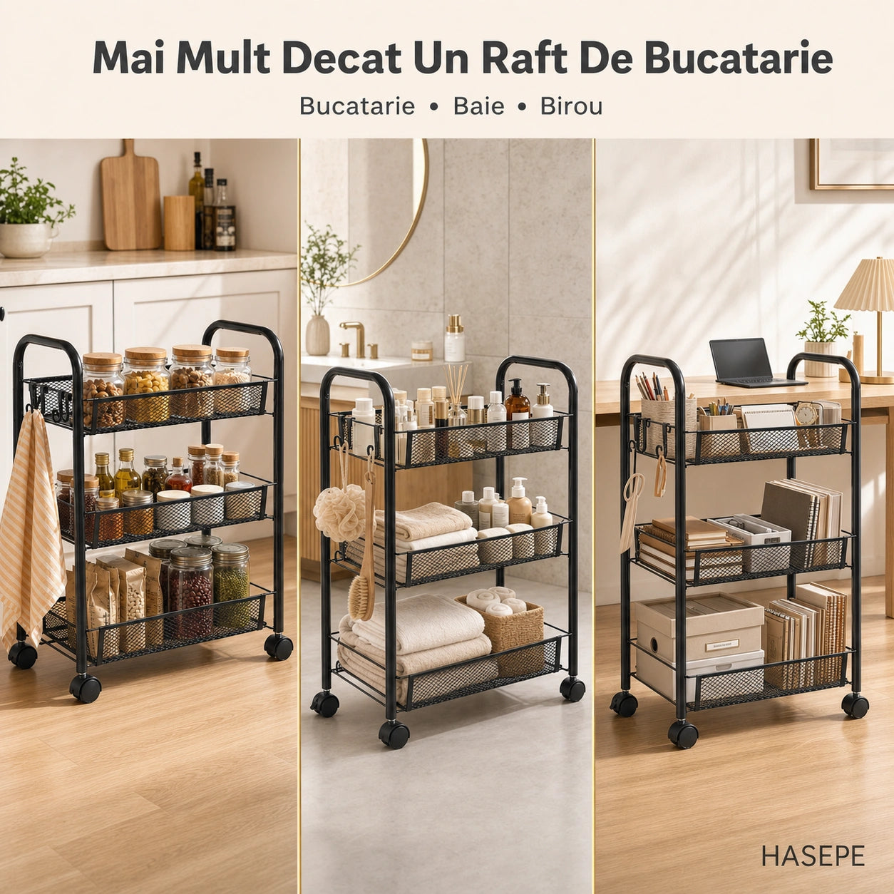 Etajera Metalica HASEPE® Cu 3 Rafturi, Raft Depozitare Mobil Pe Roti Cu Blocare