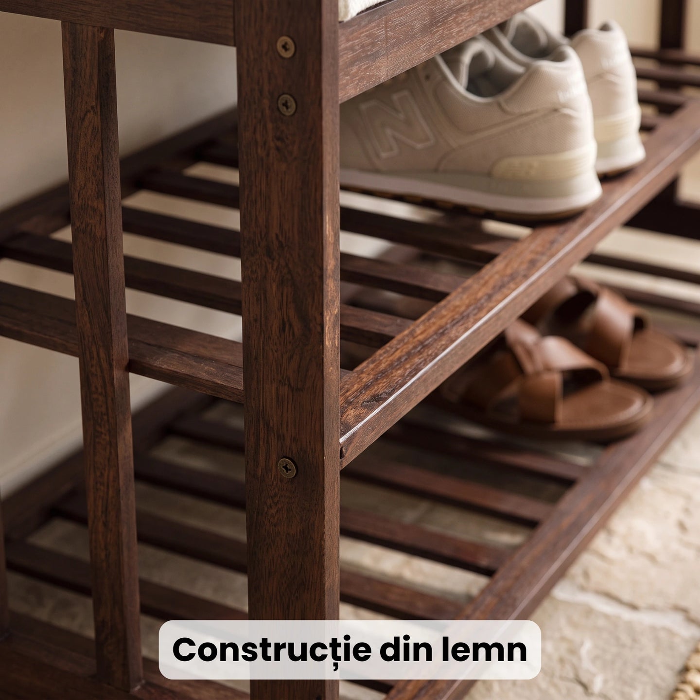 Pantofar HASEPE® Dulap Pantofi Cu Bancheta Din Lemn, Organizator Pantofi Cu 3 Nivele Mari